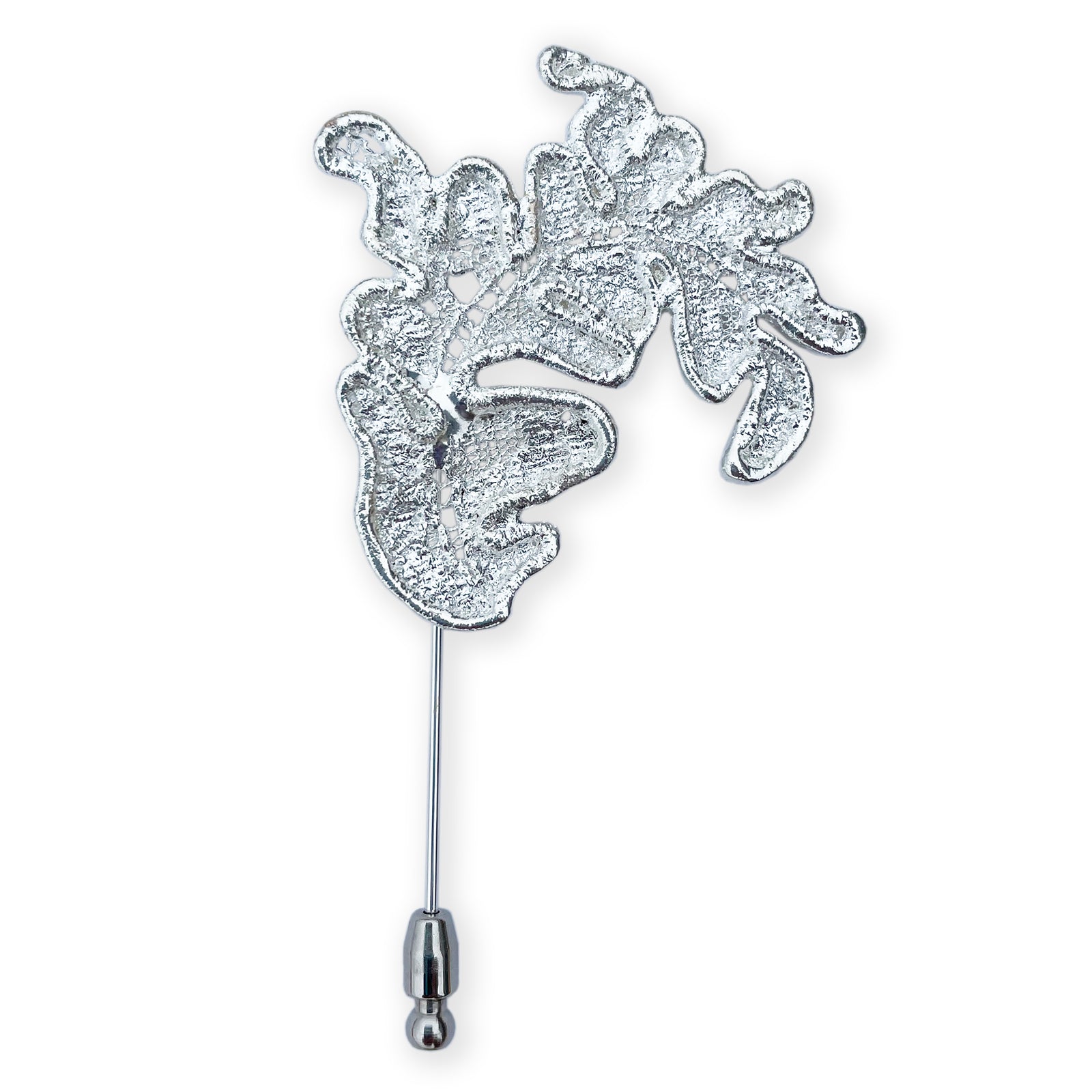 Lapel pin in the shape of a lace feather dipped in sterling silver.