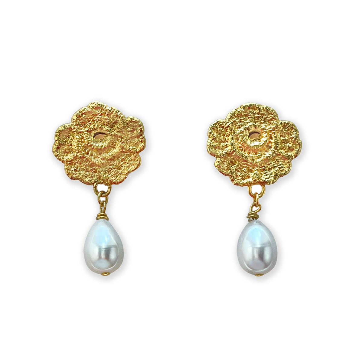 Lace rose pearl drop earrings in 24k gold.