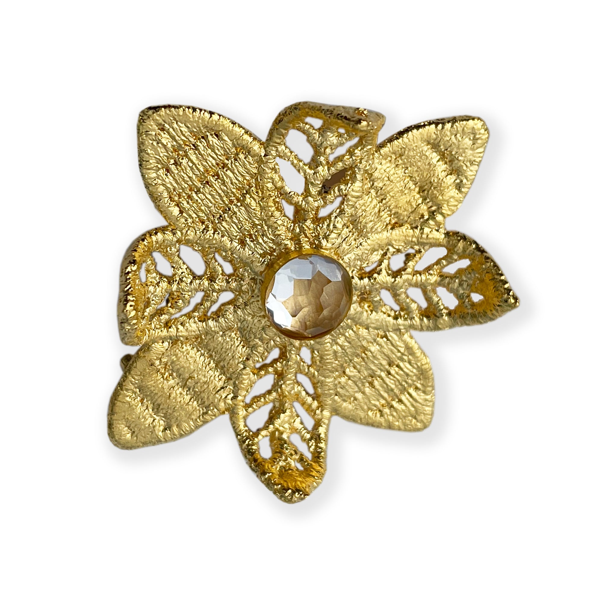 Beatrix lace flower barrette in 24k gold with Topaz stone.