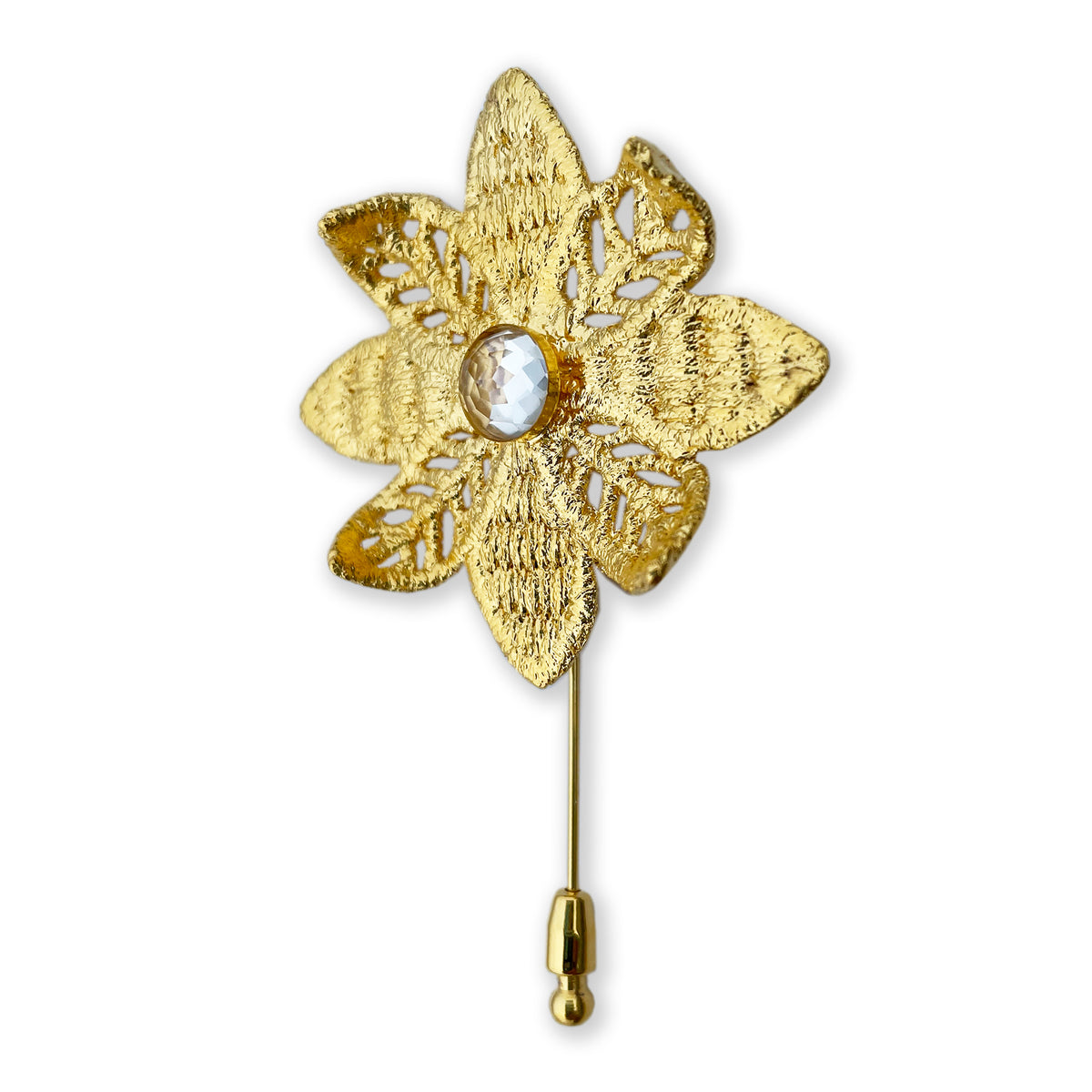 Lapel pin 24k gold lace flower with 10mm white Topaz.