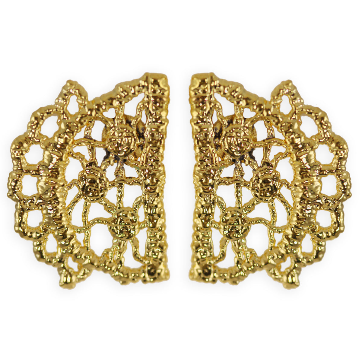Half-moon lace stud earrings in 24k gold.