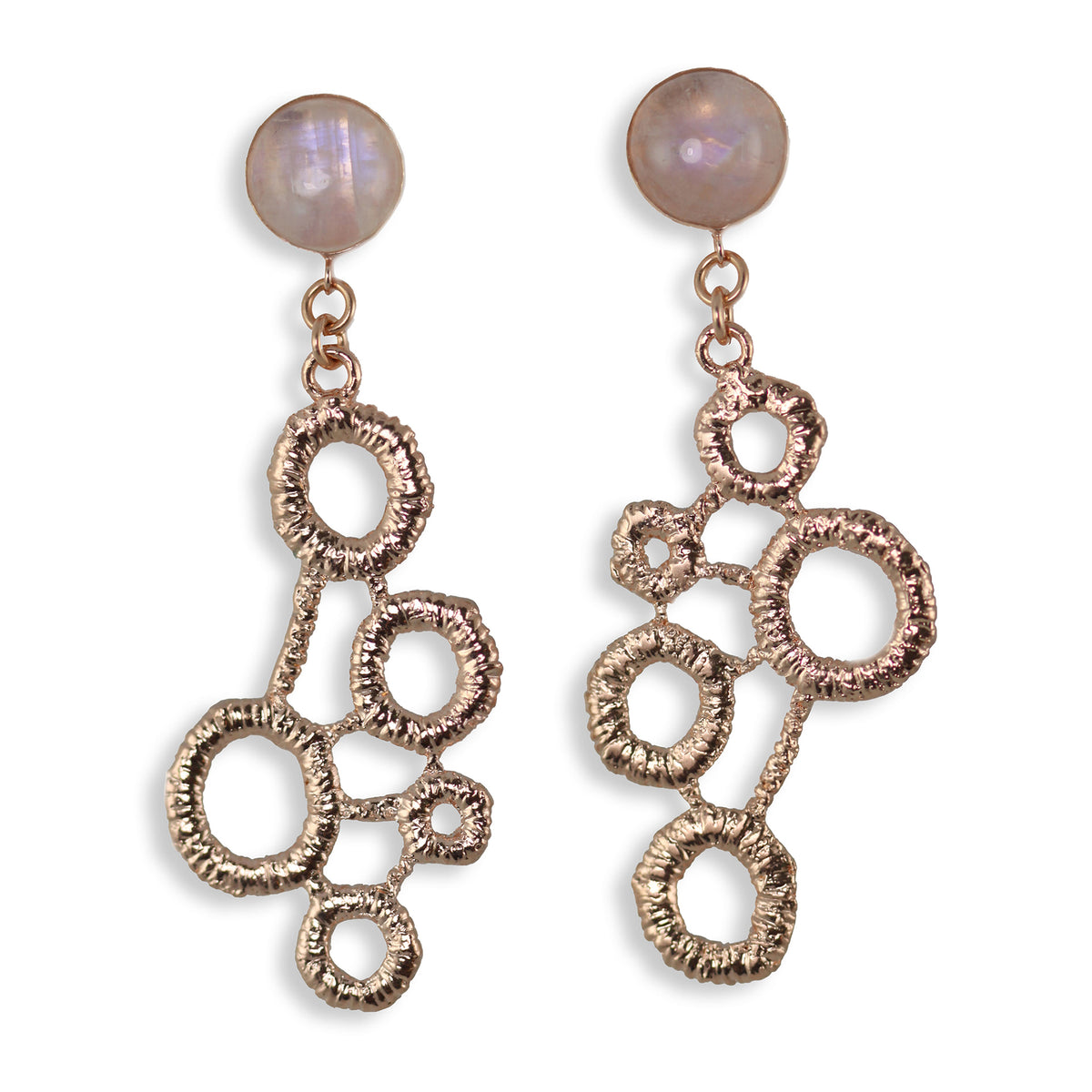 Circle lace earrings in rose gold with moonstones.