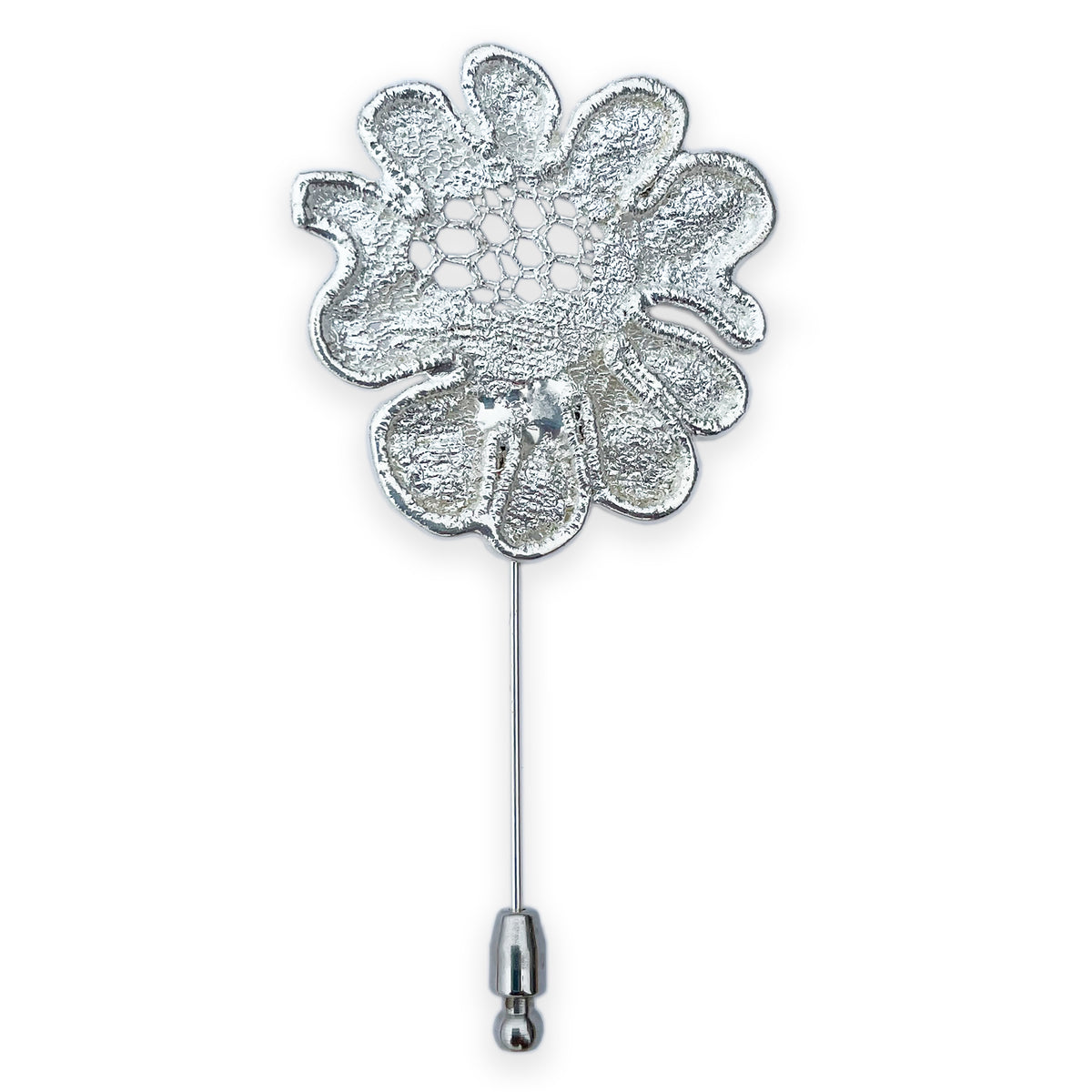 Lapel Pin in the shape of a rose made from wedding dress lace dipped in sterling silver.