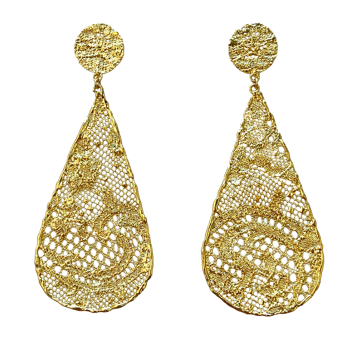 Large lace teardrop earrings dipped in 24k gold.