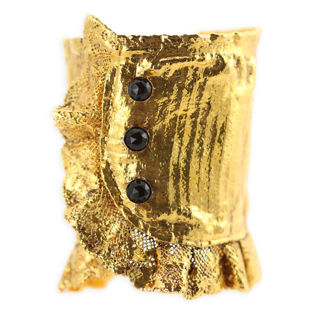 Stunning lace cuff bracelet in 24k gold with three faceted stones.