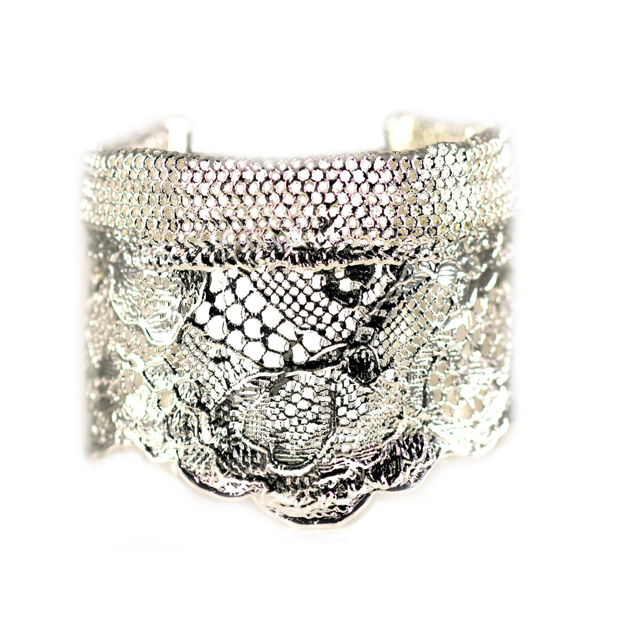 Silver lace cuff bracelet, mix of feminine lace and masculine mesh. Dipped in sterling silver. Great 13th anniversary gift.