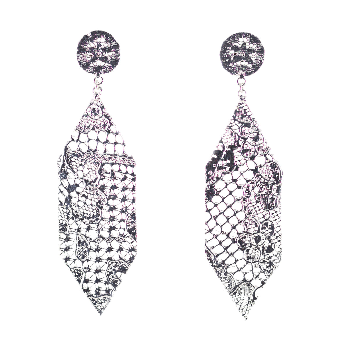 Intricate Dangling Hexagon Earrings made from Chantilly lace in sterling silver.