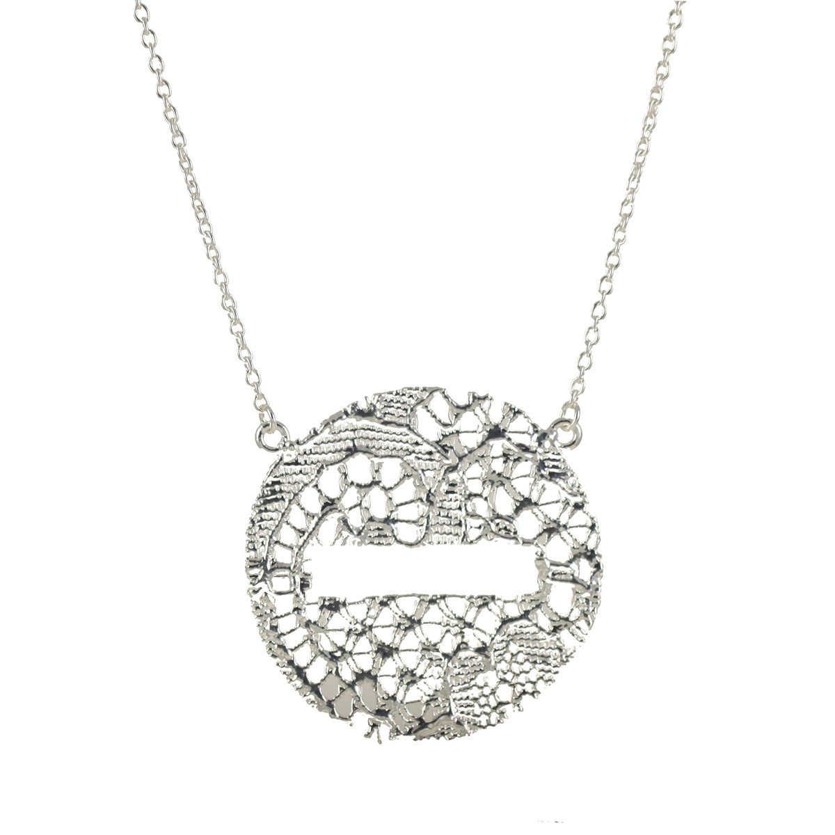 Intricate lace necklace in the shape of a DO NOT ENTER traffic sign in sterling silver.