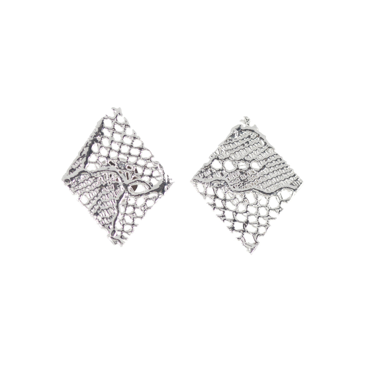 Lace Stud Earrings Diamond Shaped with Chantilly lace inside dipped in Sterling Silver. Best 13th Anniversary Gift. 