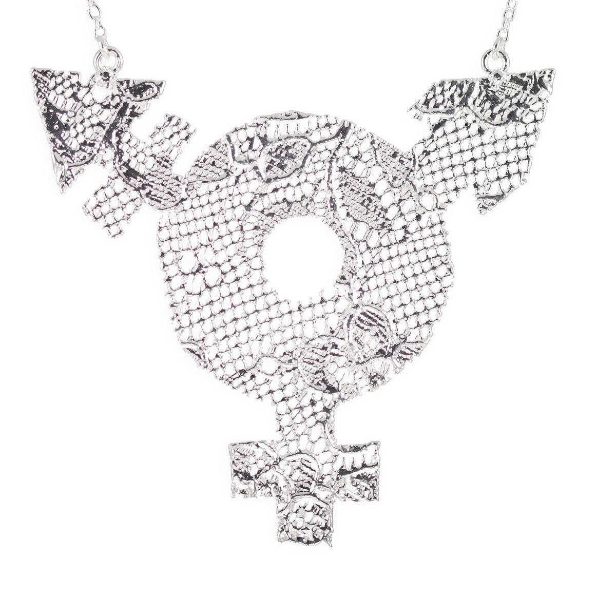 Inclusive Lace Necklace with Female, Male and Non-Binary Symbols. Chantilly Lace dipped in Sterling Silver.