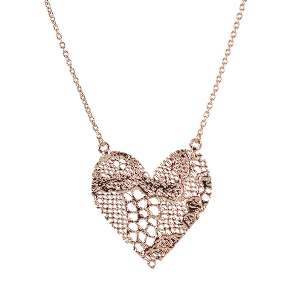 Lace Heart Necklace. 13th anniversary gift with a WOW factor. Made from European Chantilly lace dipped in rose gold.