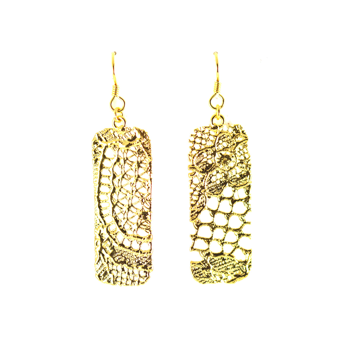 Brilliant Rectangular 24k gold Lace Earrings with French Hooks. 