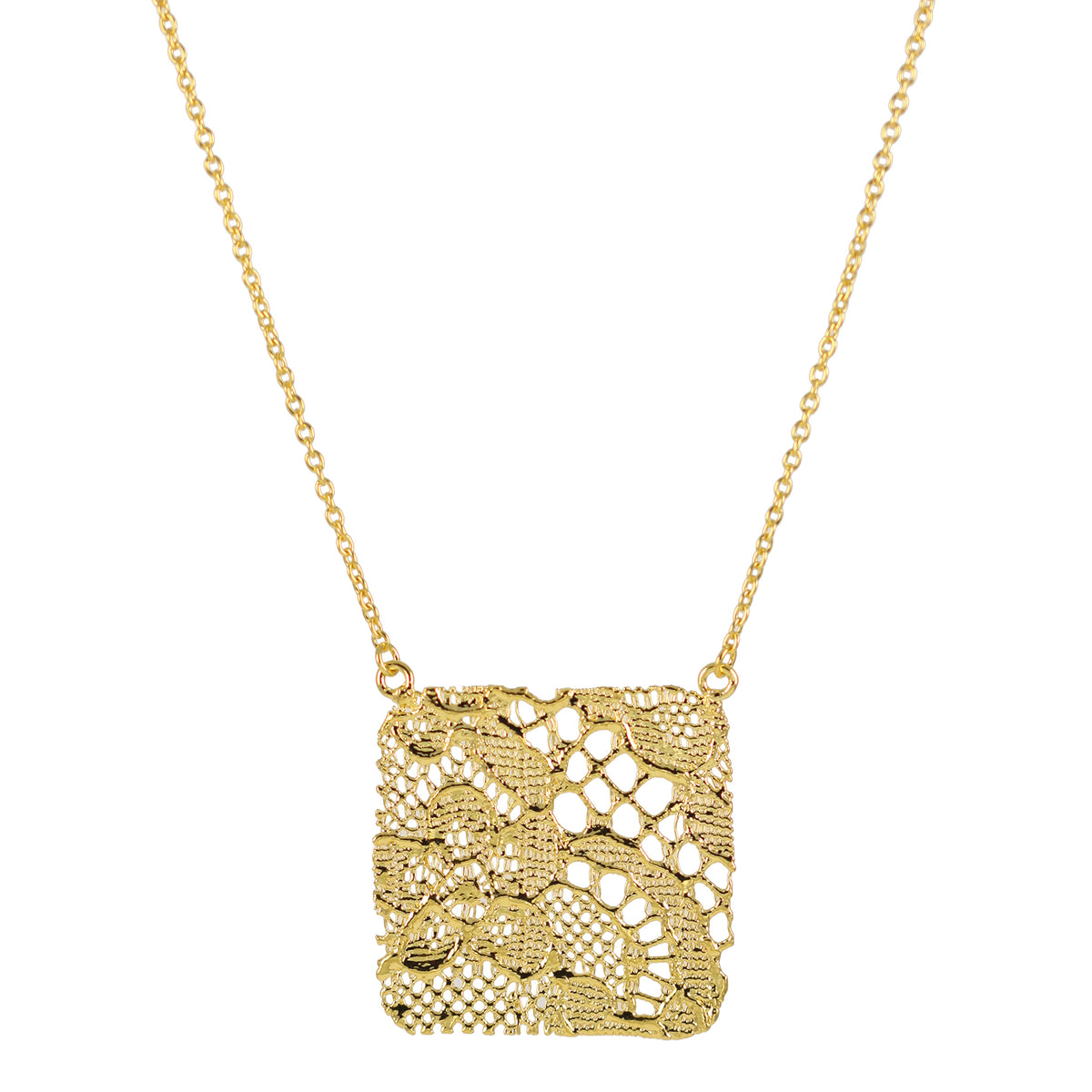 Intricate square pendant lace necklace in 24k gold.