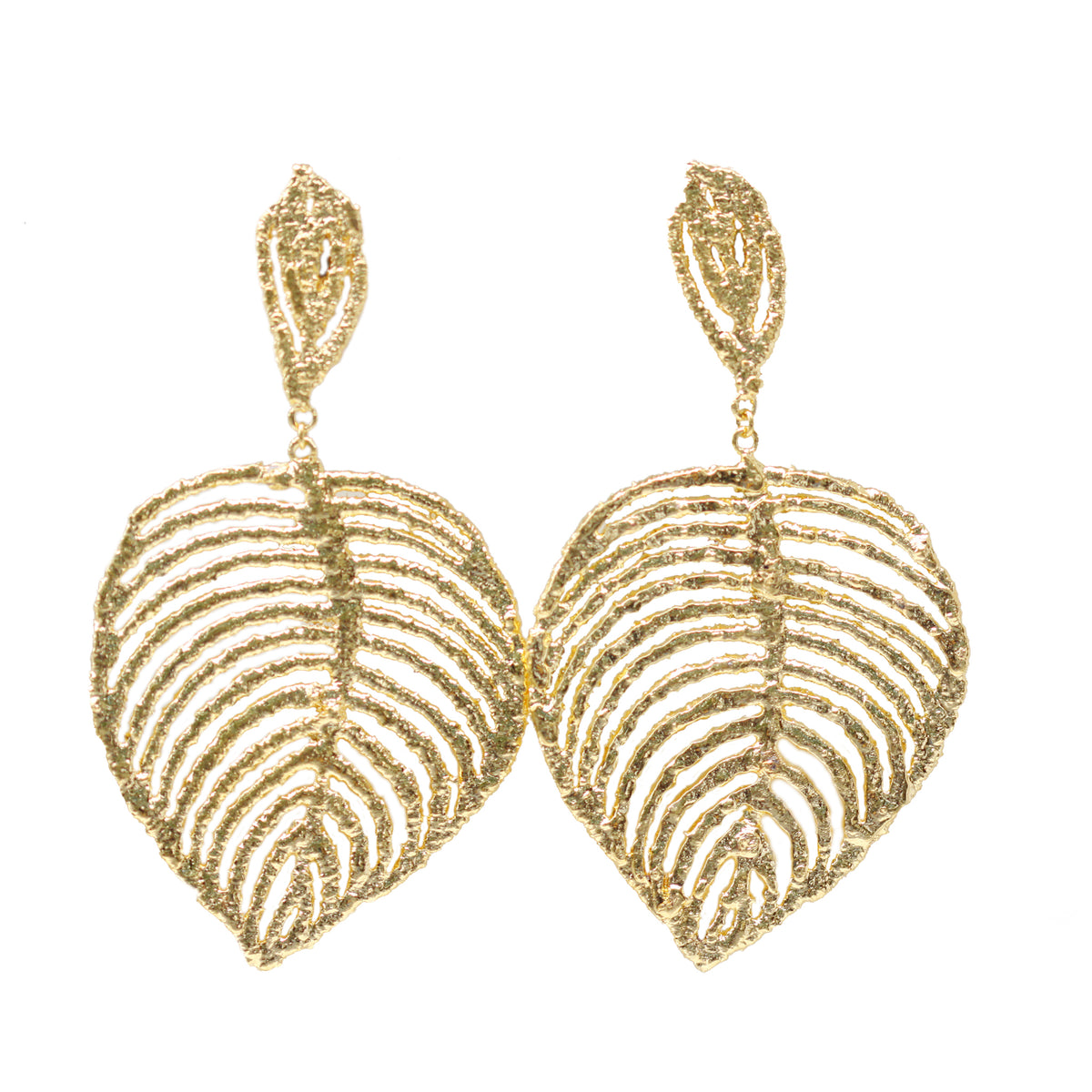Large lace leaf earrings in 24k gold.