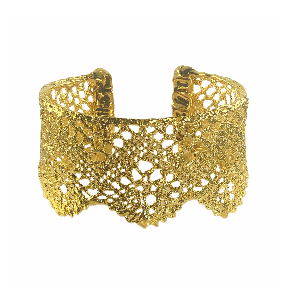 Rare cuff bracelet made from 1890s Swedish lace dipped in 24k gold, only 20 made.