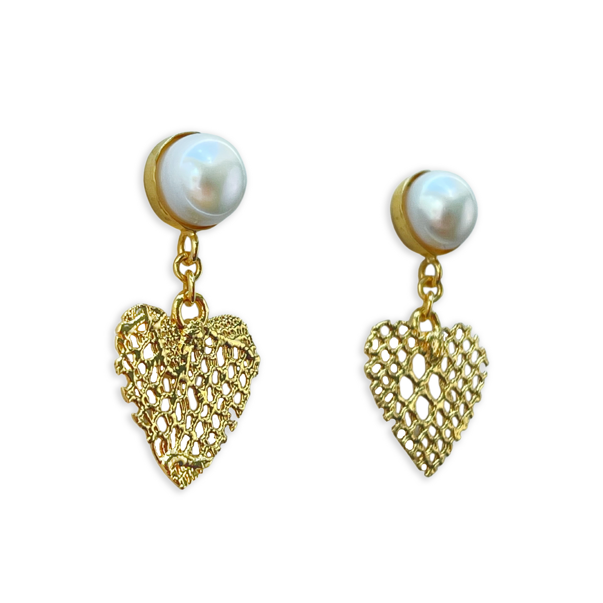 Pearl earrings with 24k gold lace heart.