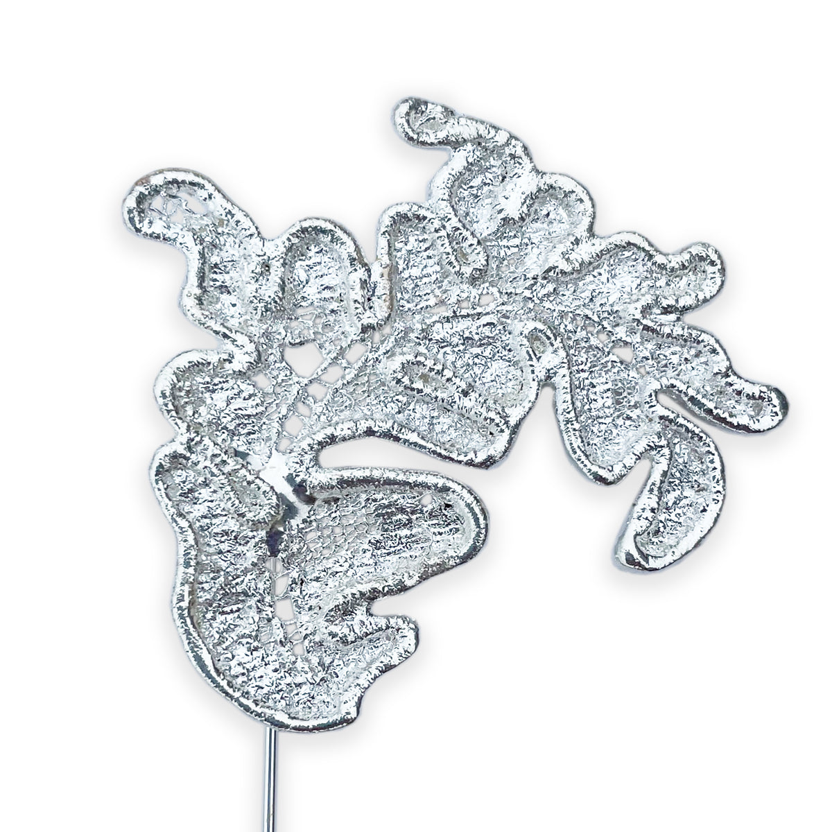 Lapel pin in the shape of a lace feather dipped in sterling silver.