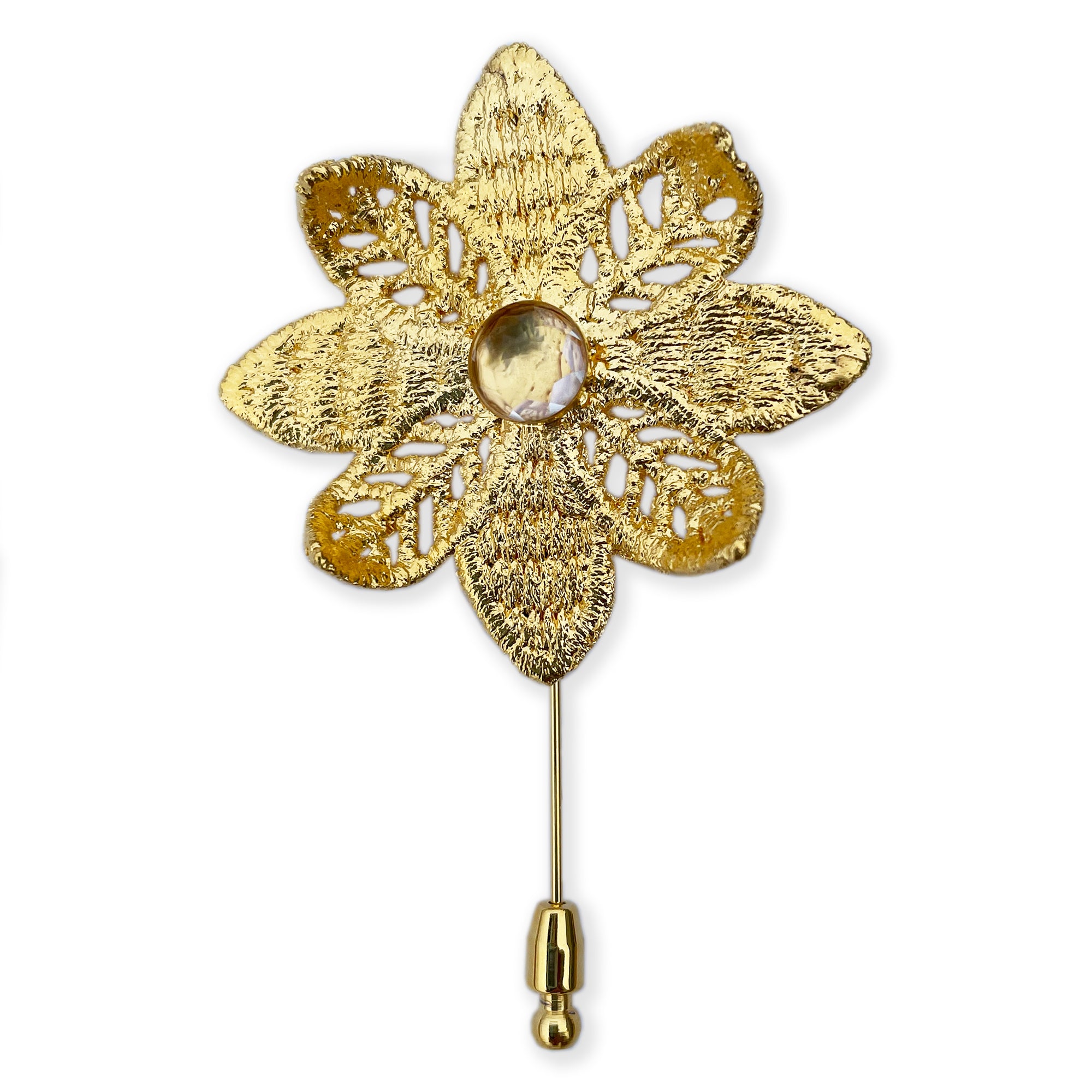 Lapel pin 24k gold lace flower with 10mm white Topaz.