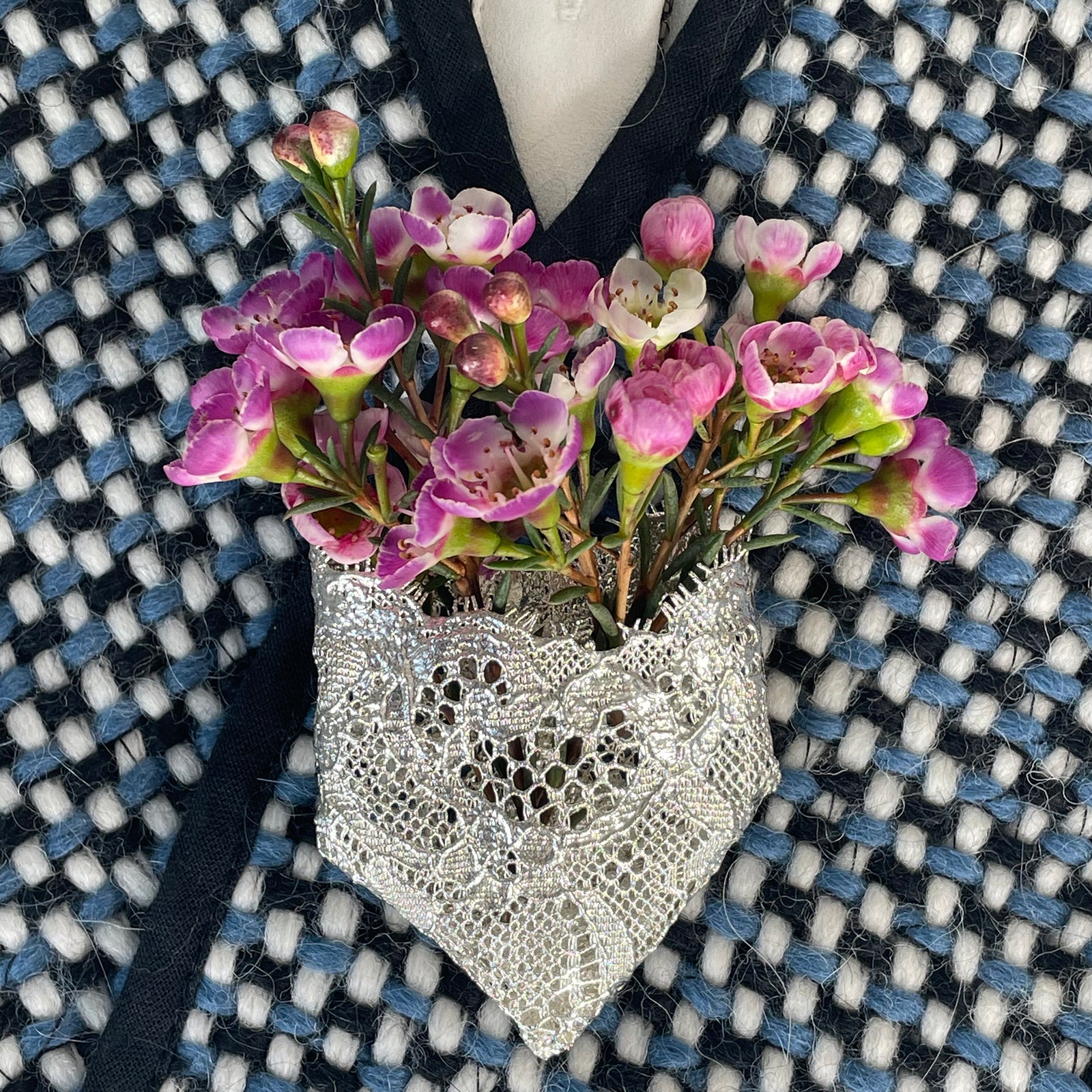 Brooch and Necklace in One. Jewelry dipped in Sterling Silver, Holder for flowers or fragrance sachet.