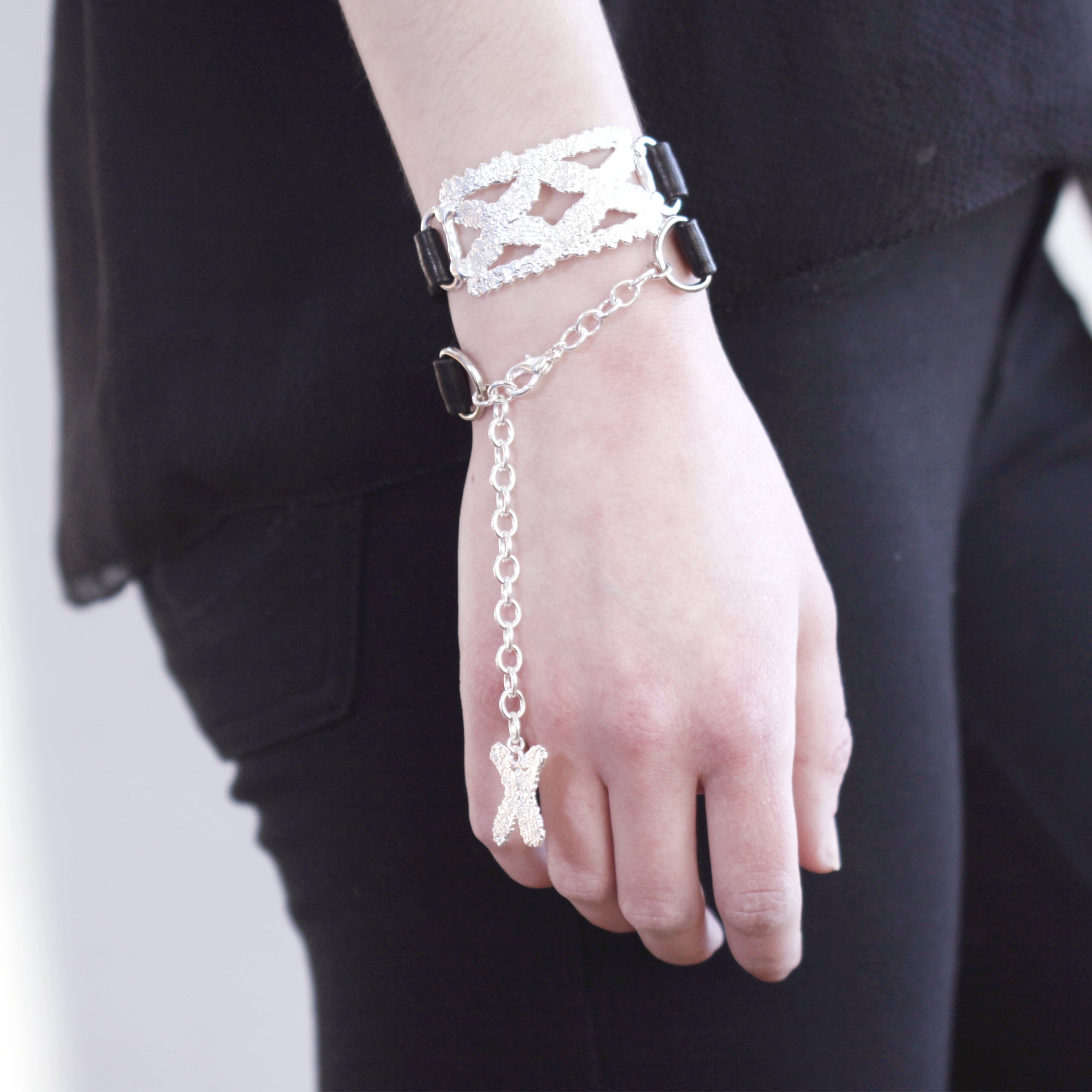 Leather and Lace Wrap Bracelet in sterling silver.