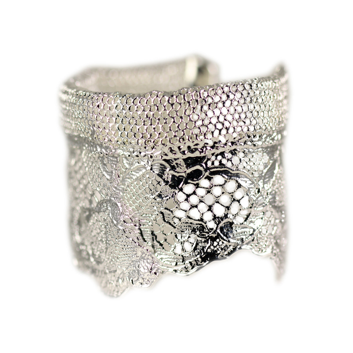 Side showing Silver lace cuff bracelet, mix of feminine Chantilly lace and masculine mesh. Dipped in sterling silver. 