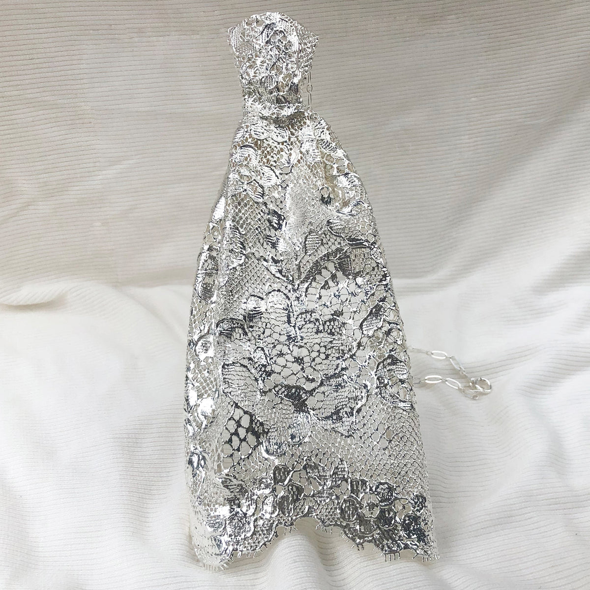 Statement Tie Lace Necklace Made from Chantilly Lace dipped in Sterling Silver.