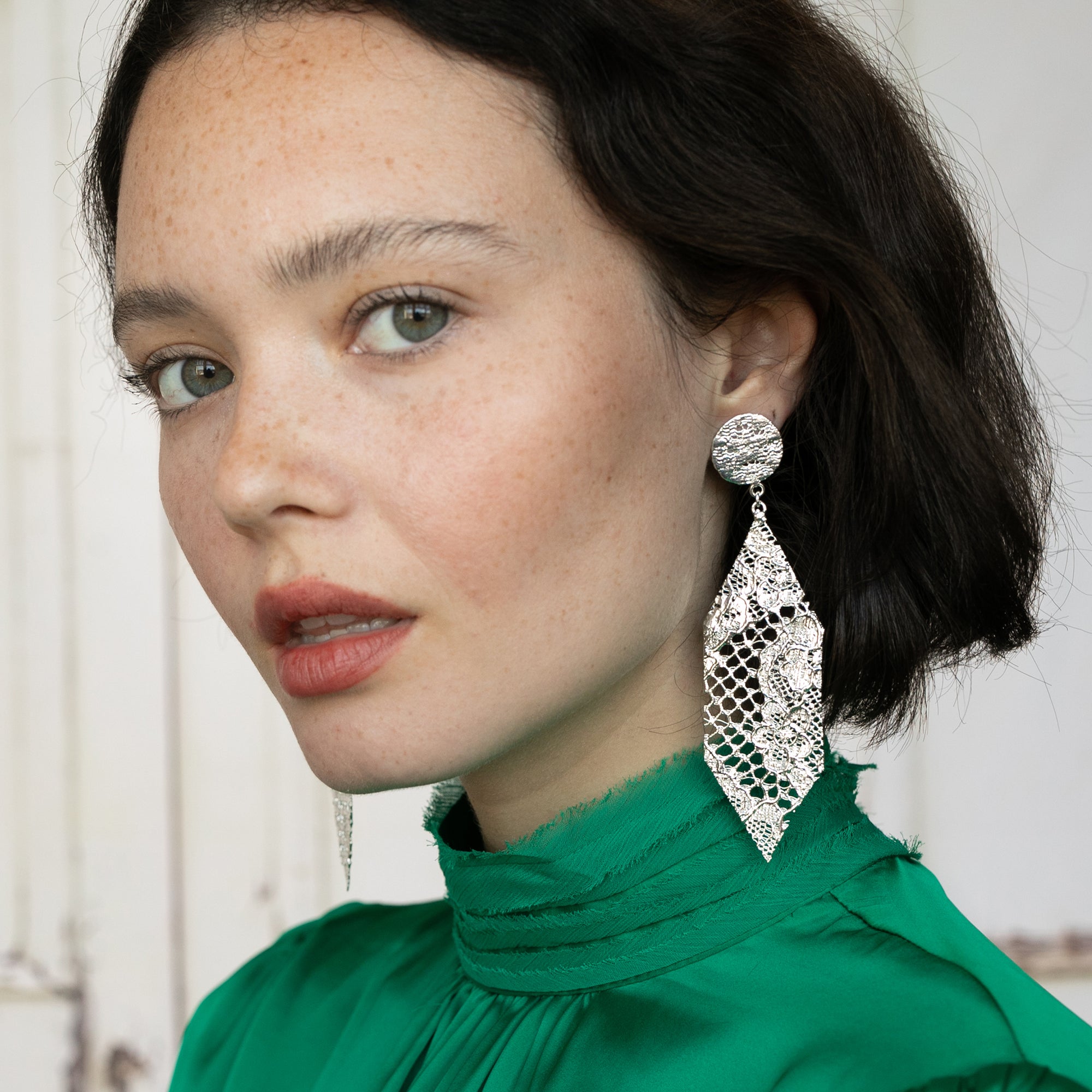 Intricate Dangling Hexagon Earrings made from Chantilly lace in sterling silver.