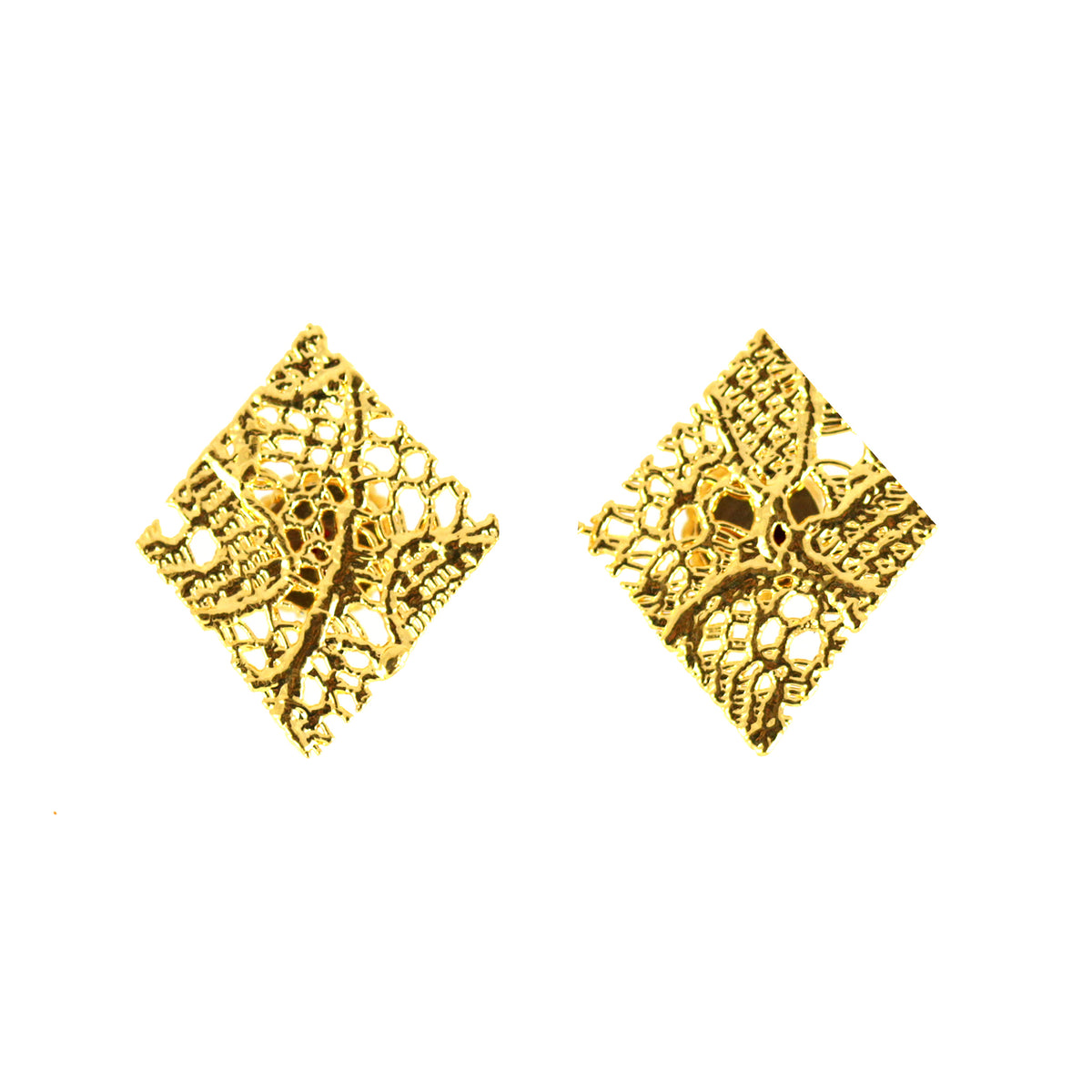 Lace Stud Earrings Diamond Shaped with Chantilly lace inside dipped in 24k gold. Best 13th Anniversary Gift. 