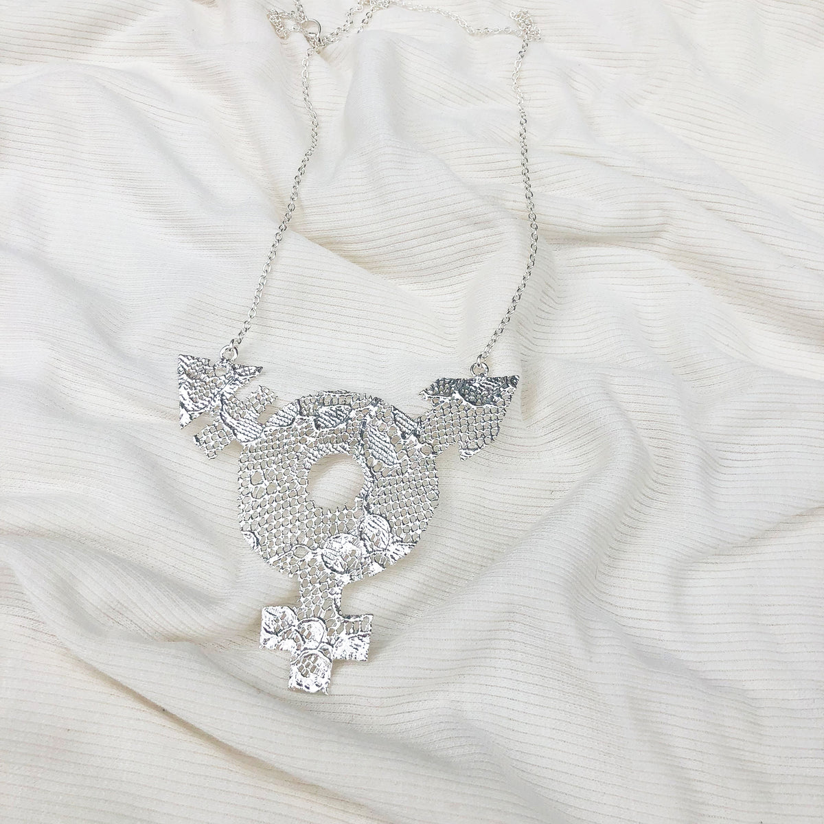 Inclusive Lace Necklace with Female, Male and Non-Binary Symbols. Chantilly Lace dipped in Sterling Silver.
