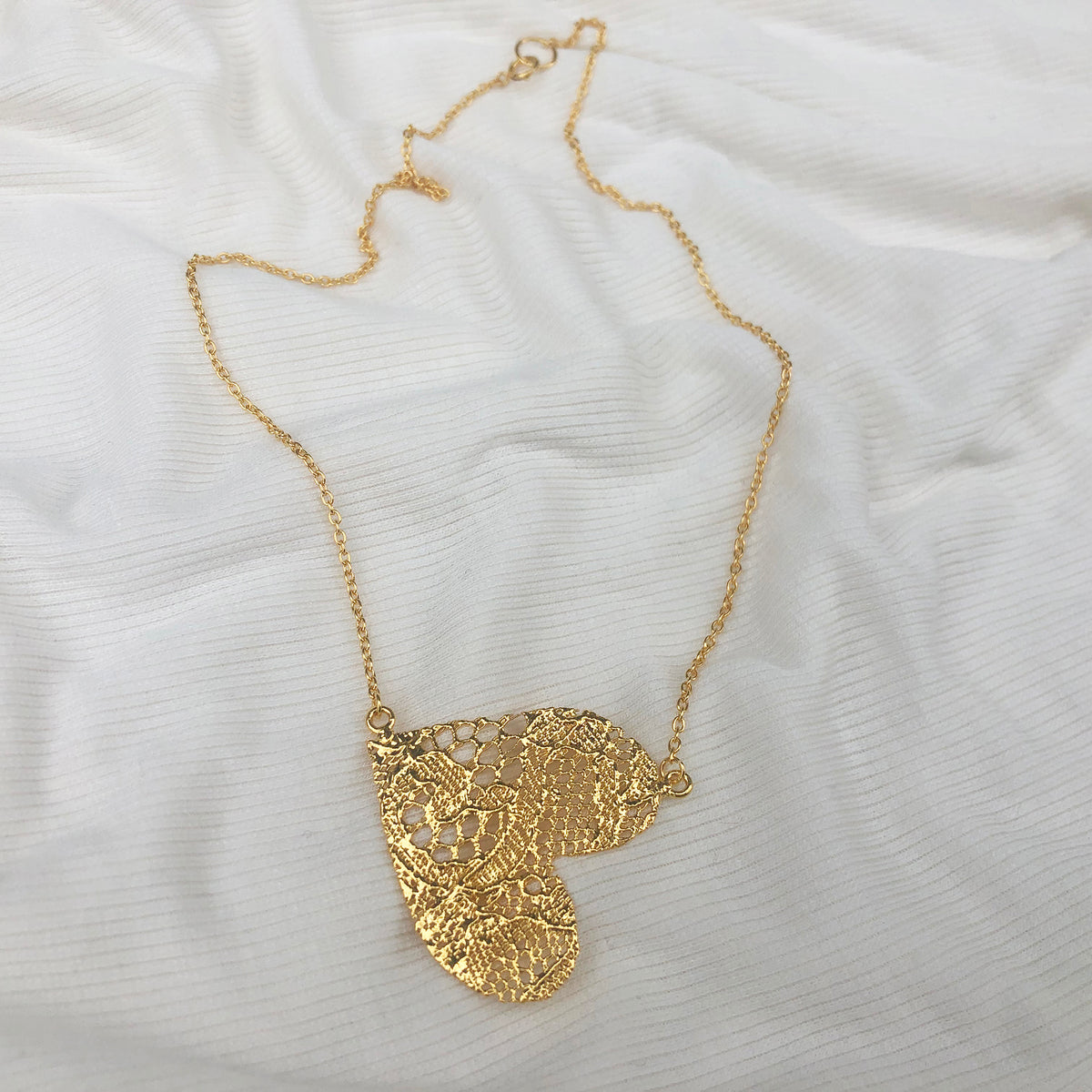 Lace Heart Necklace. Unique 13th anniversary gift. Made from European Chantilly lace dipped in 24k gold.