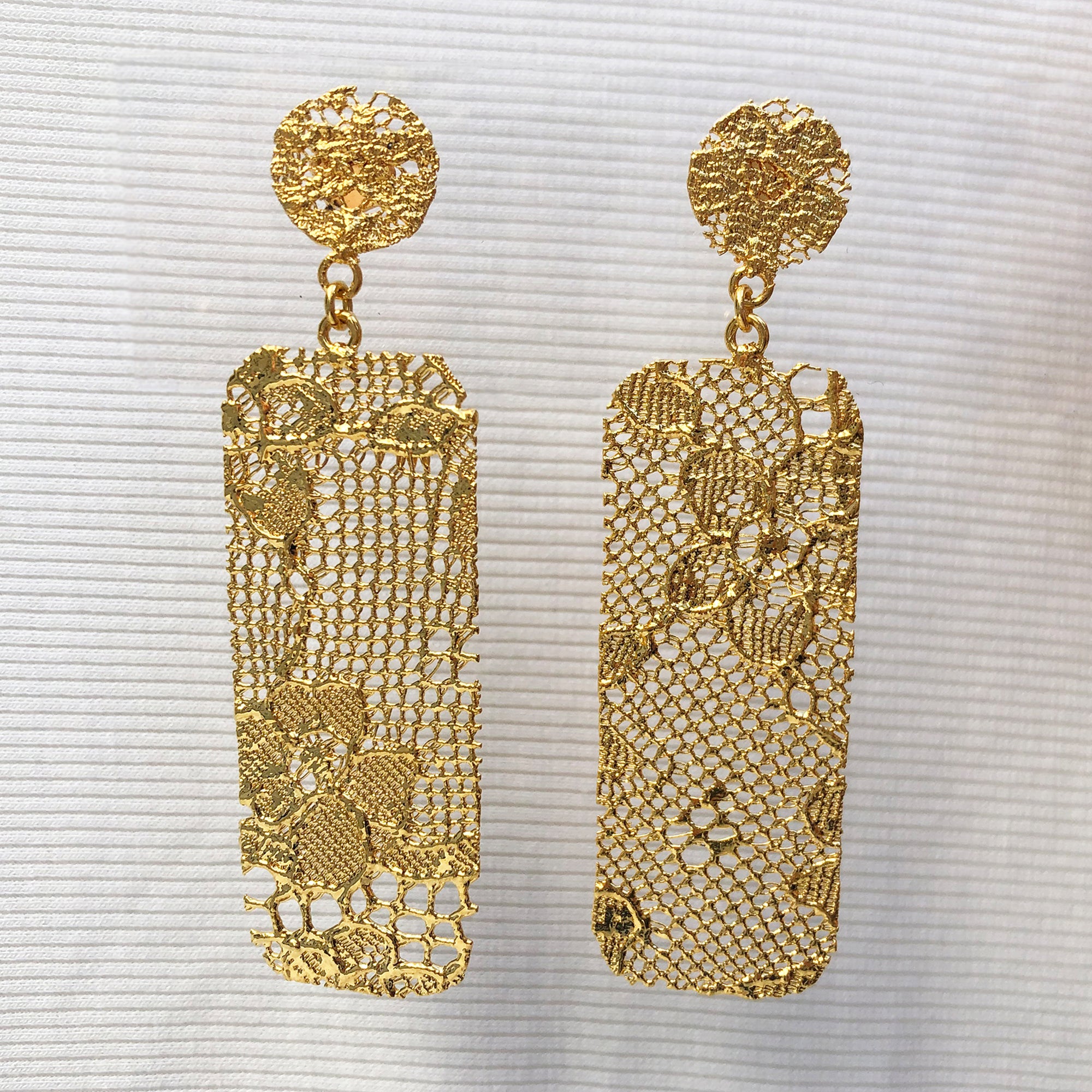 Sophisticated rectangular earrings in 24k gold made from Chantilly lace. Unique 13th anniversary gift.