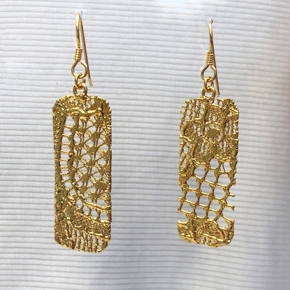 Brilliant Rectangular 24k gold Lace Earrings with French hooks.