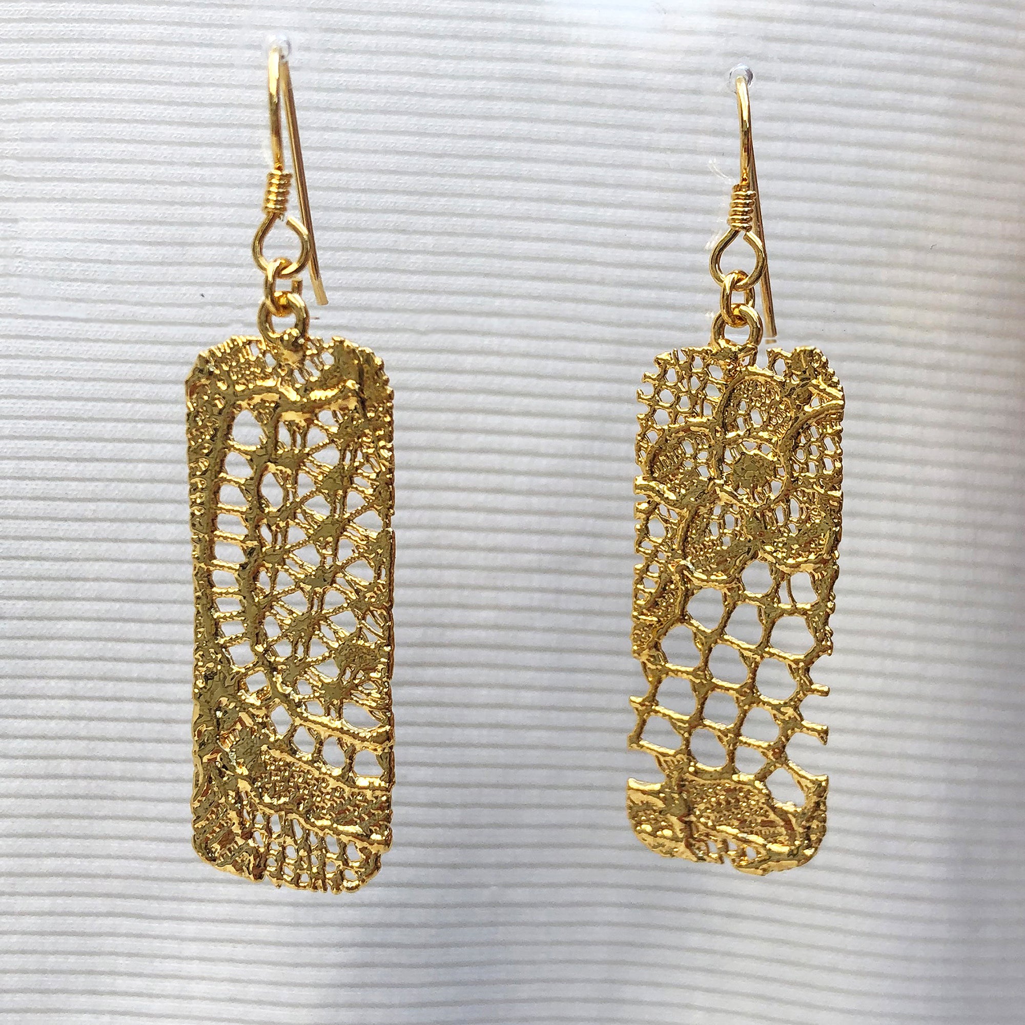 Brilliant Rectangular 24k gold Lace Earrings with French Hooks. 