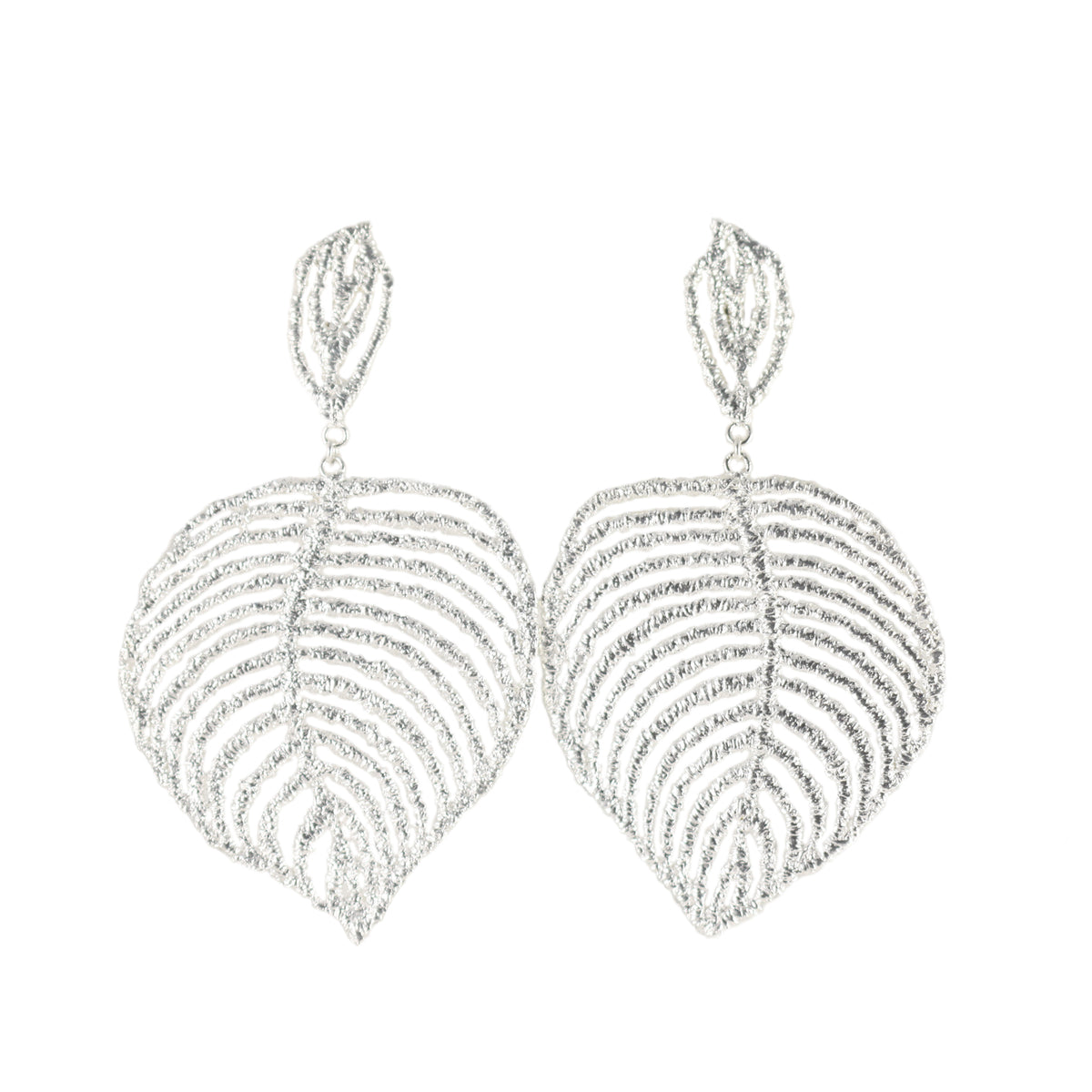 Large lace leaf earrings in sterling silver.