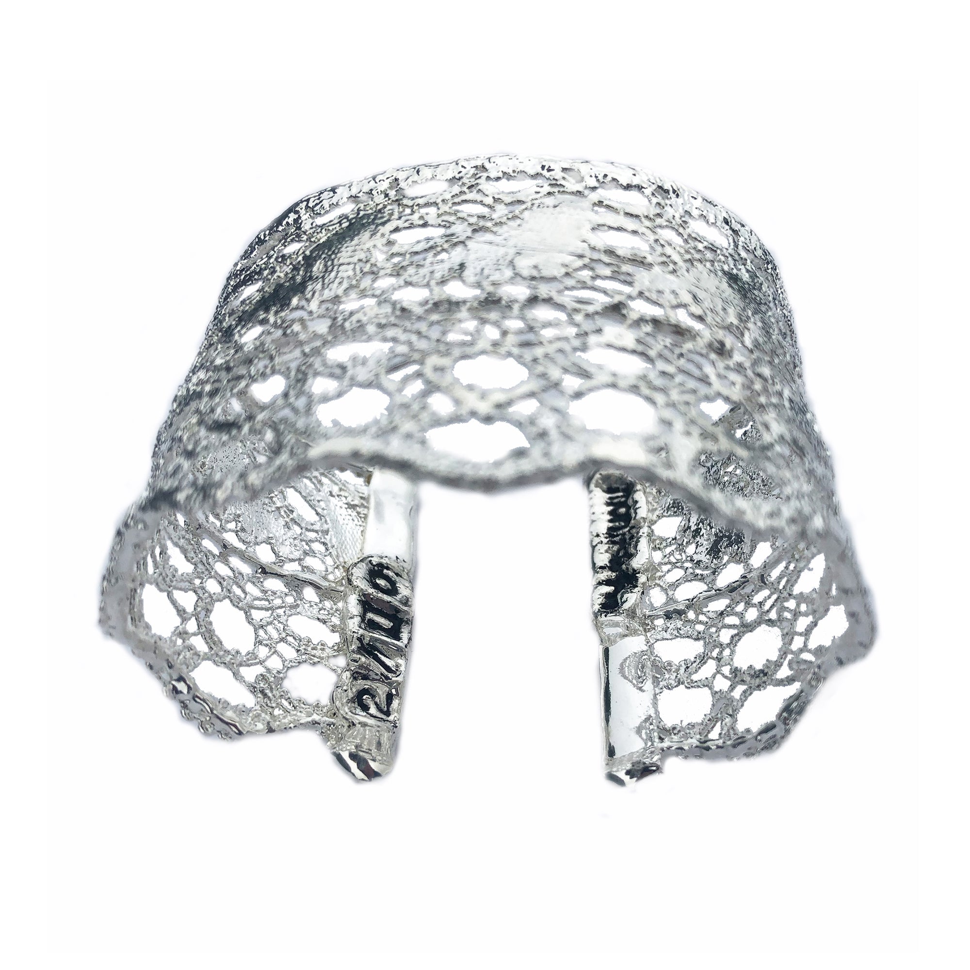 Rare silver cuff bracelet made from Swedish Vadstena lace from late 1800s, limited edition of 10.
