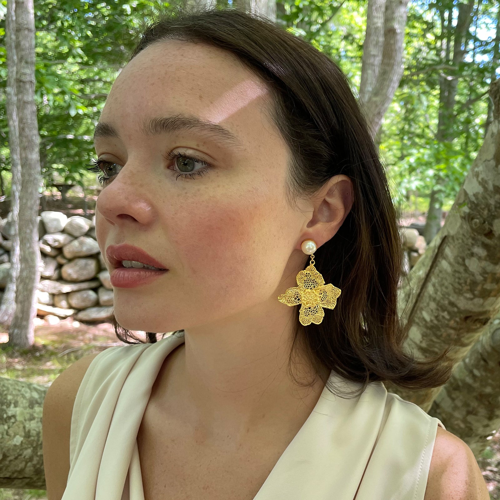 Dangle pearl earrings with large lace flower in 24k gold.