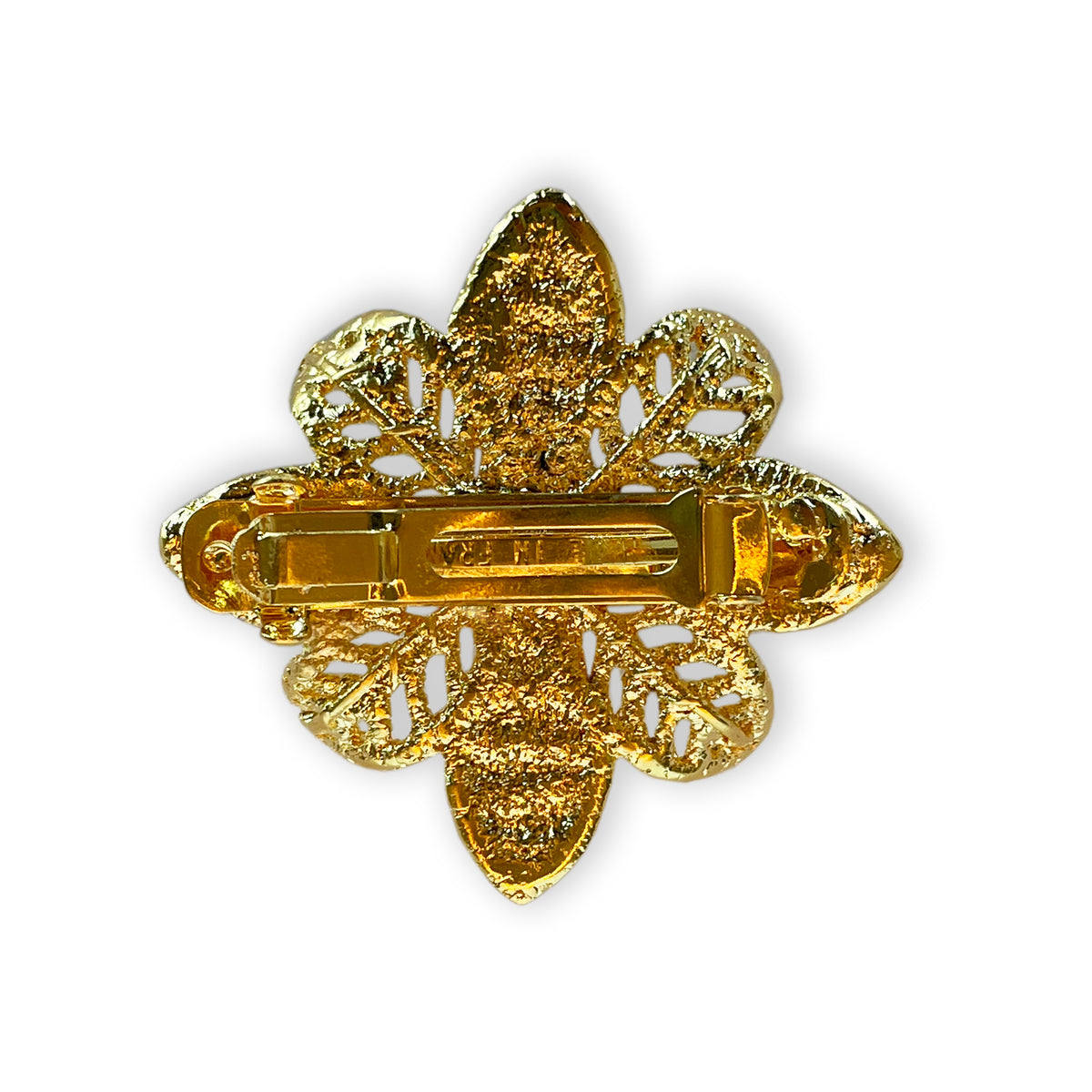 Back of Beatrix lace flower barrette in 24k gold.