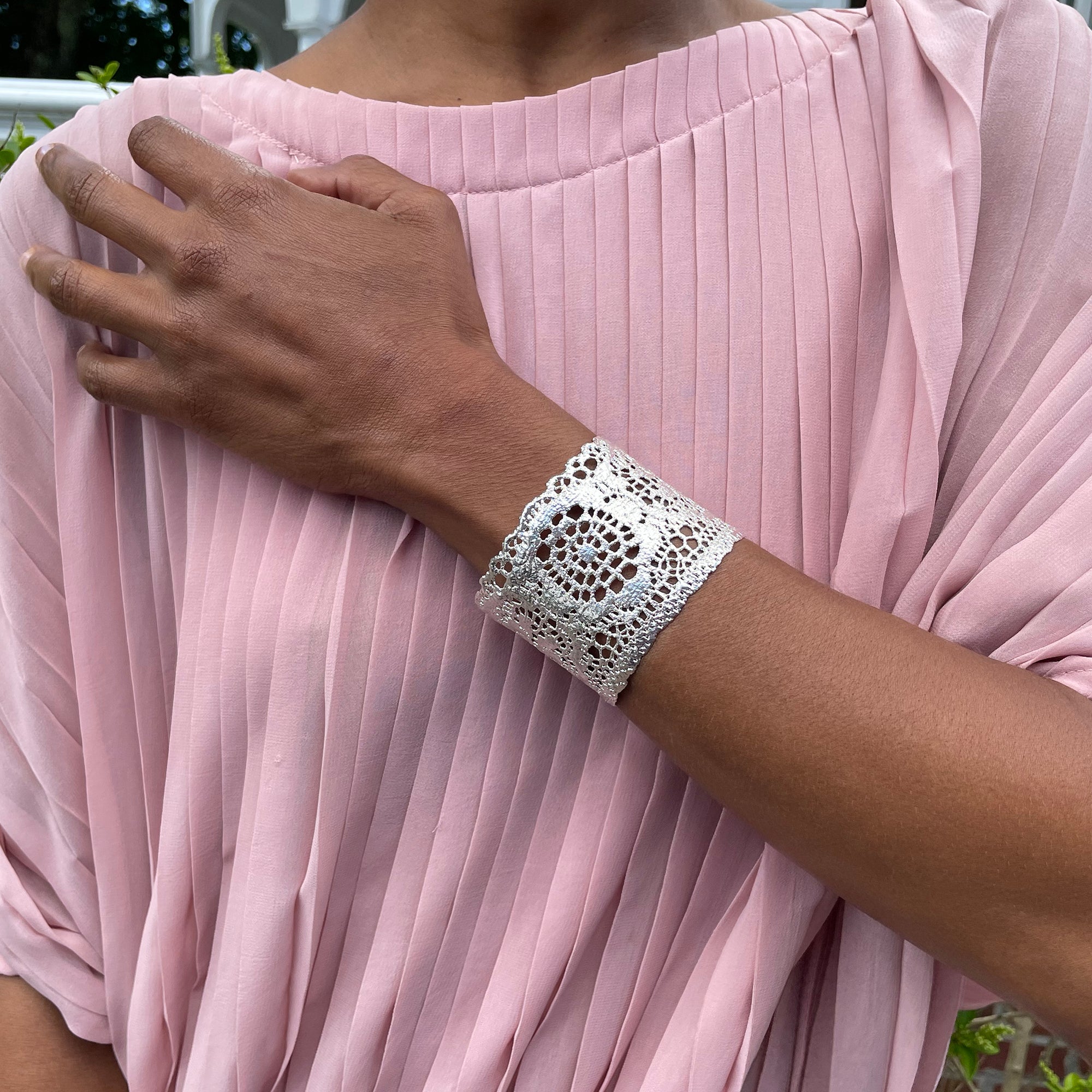 Lace cuff bracelet made from 1950s New York Raschel lace dipped in sterling silver.