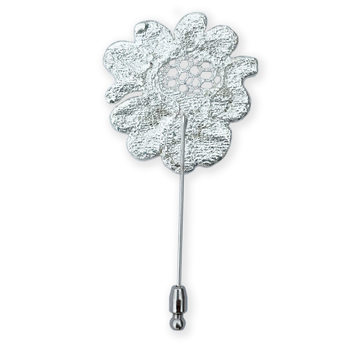 Back of Lapel Pin in the shape of a rose made from wedding dress lace dipped in sterling silver.