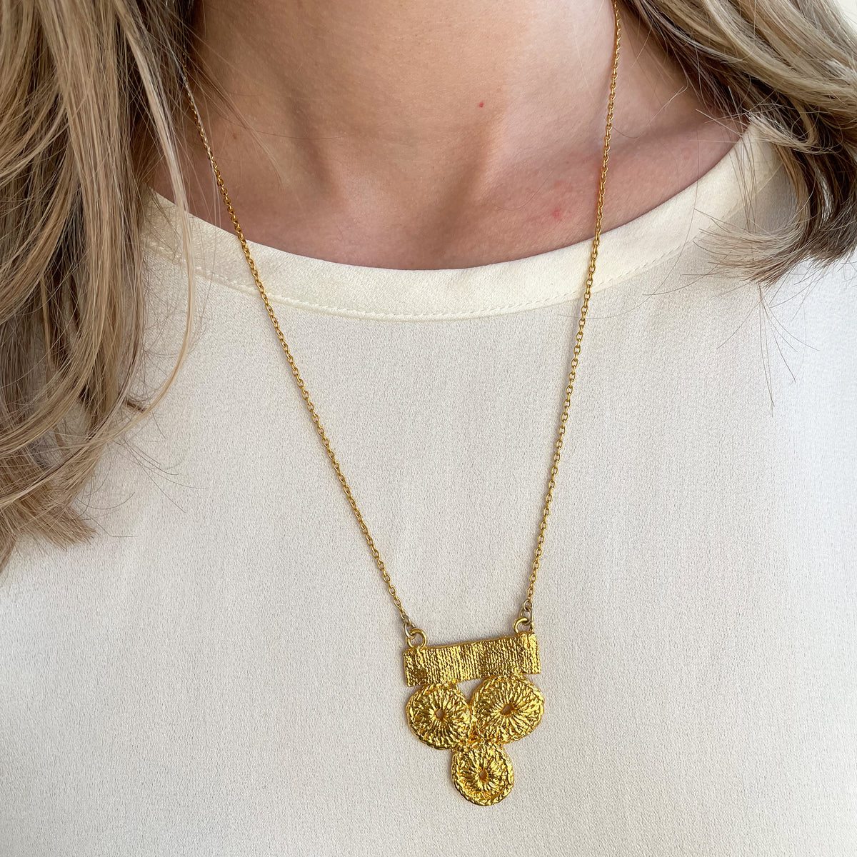 Rare 1910 American lace necklace dipped in 24k gold worn by a model.