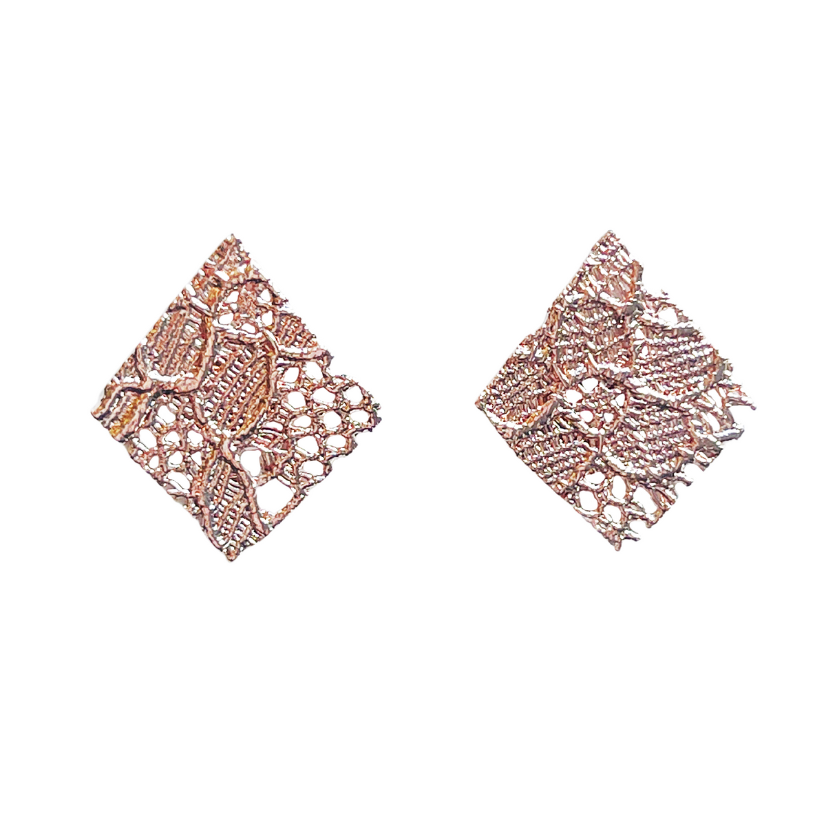 Lace Stud Earrings Diamond Shaped with Chantilly lace inside dipped in rose gold. Best 13th Anniversary Gift.