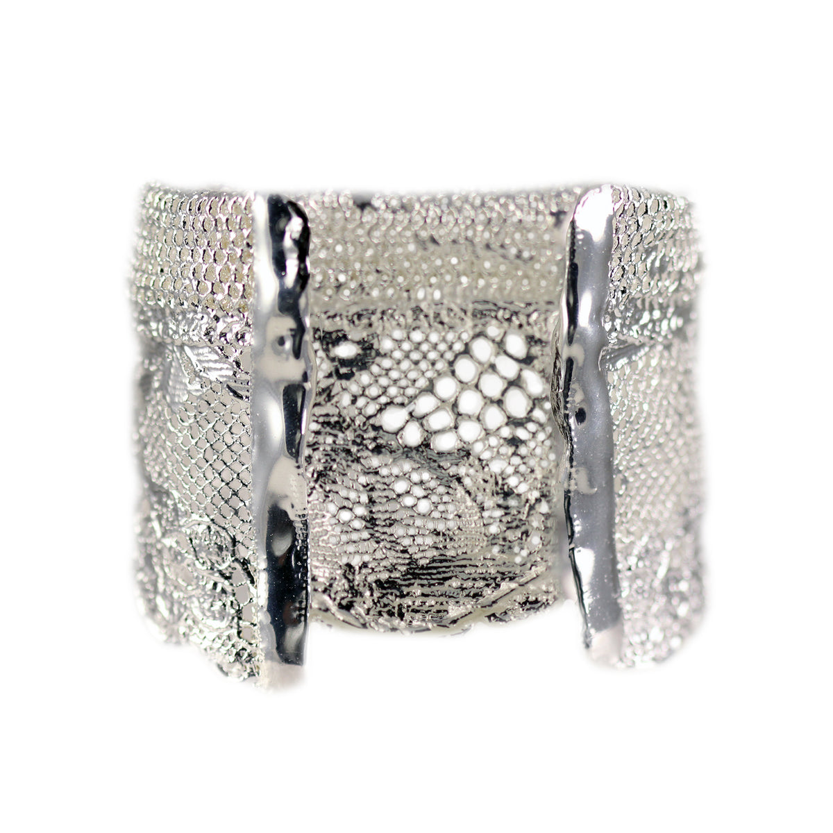 Back of Silver lace cuff bracelet, mix of feminine Chantilly lace and masculine mesh. Dipped in sterling silver. 