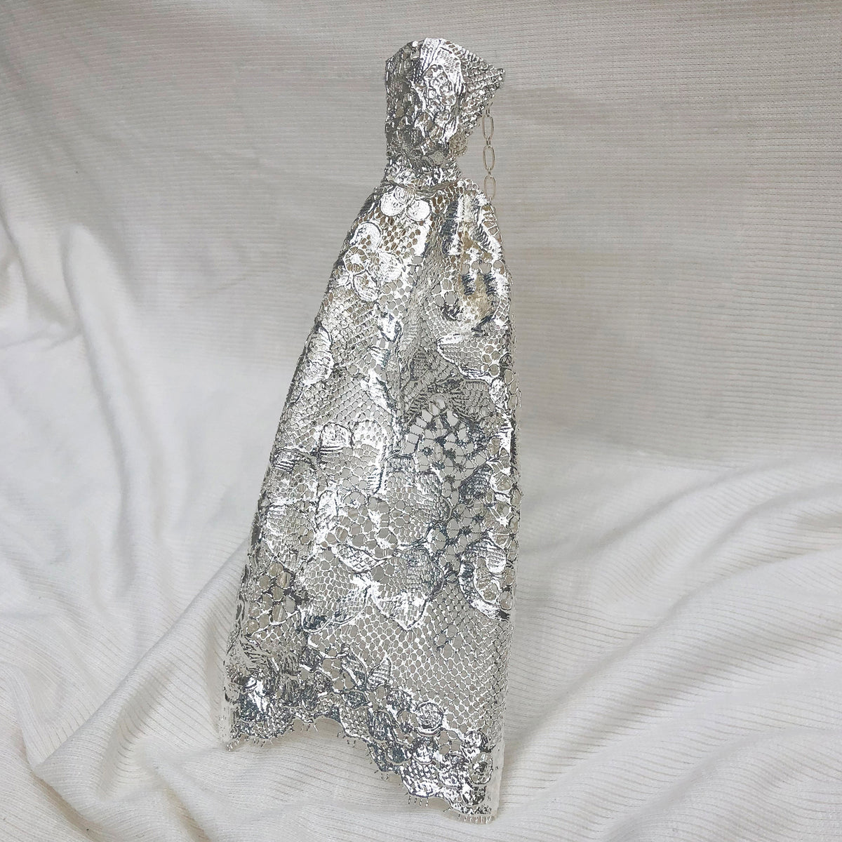 Statement Tie Lace Necklace Made from Chantilly Lace dipped in Sterling Silver. 