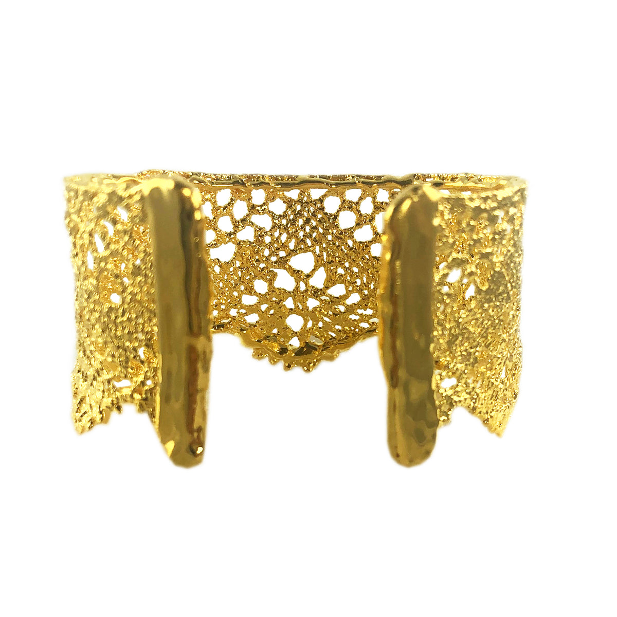 Back of rare cuff bracelet made from 1890s Swedish lace dipped in 24k gold, only 20 made.
