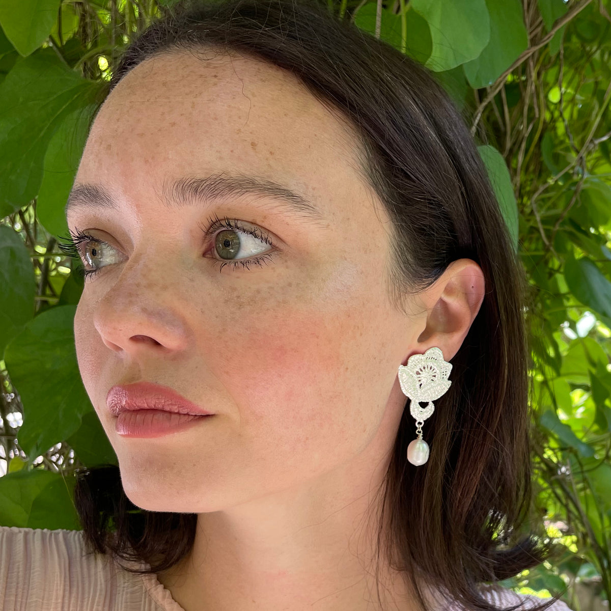 Baroque pearl earrings with lace rose in sterling silver.