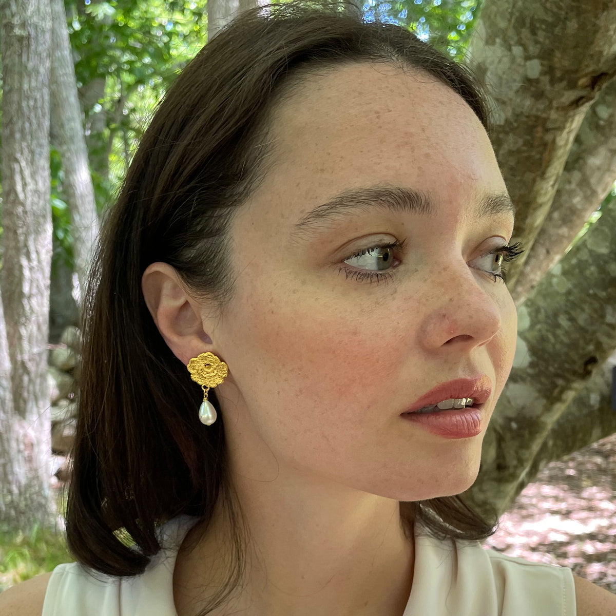 Lace rose pearl drop earrings in 24k gold.