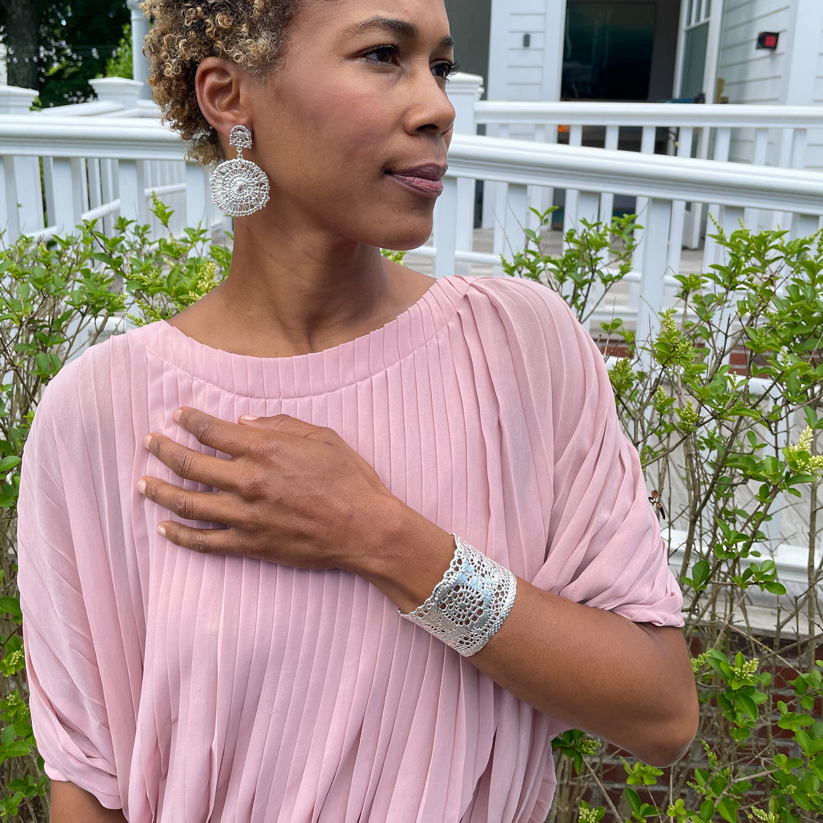 Lace cuff bracelet made from 1950s New York Raschel lace dipped in sterling silver.