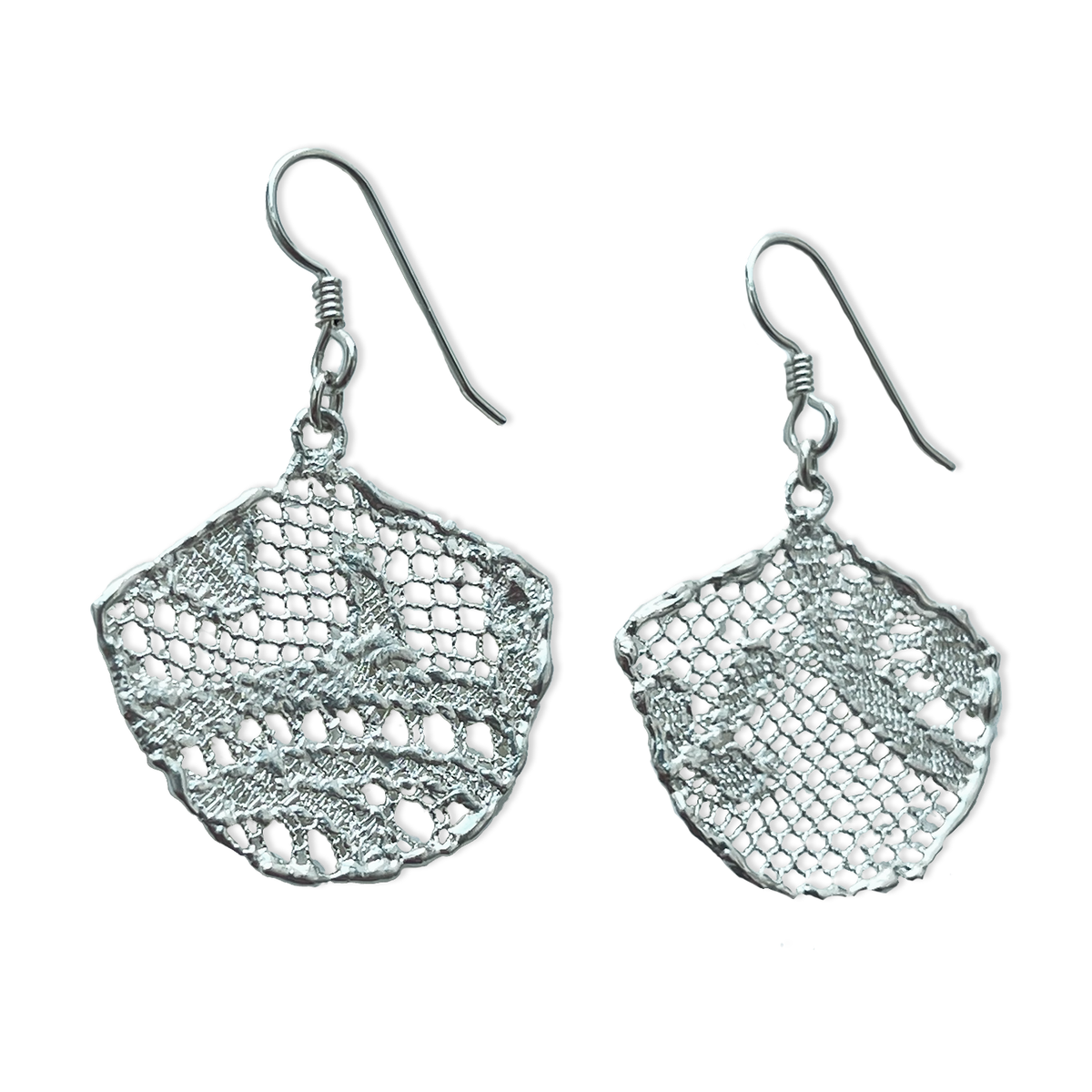 Fan shaped lace earrings in sterling silver.