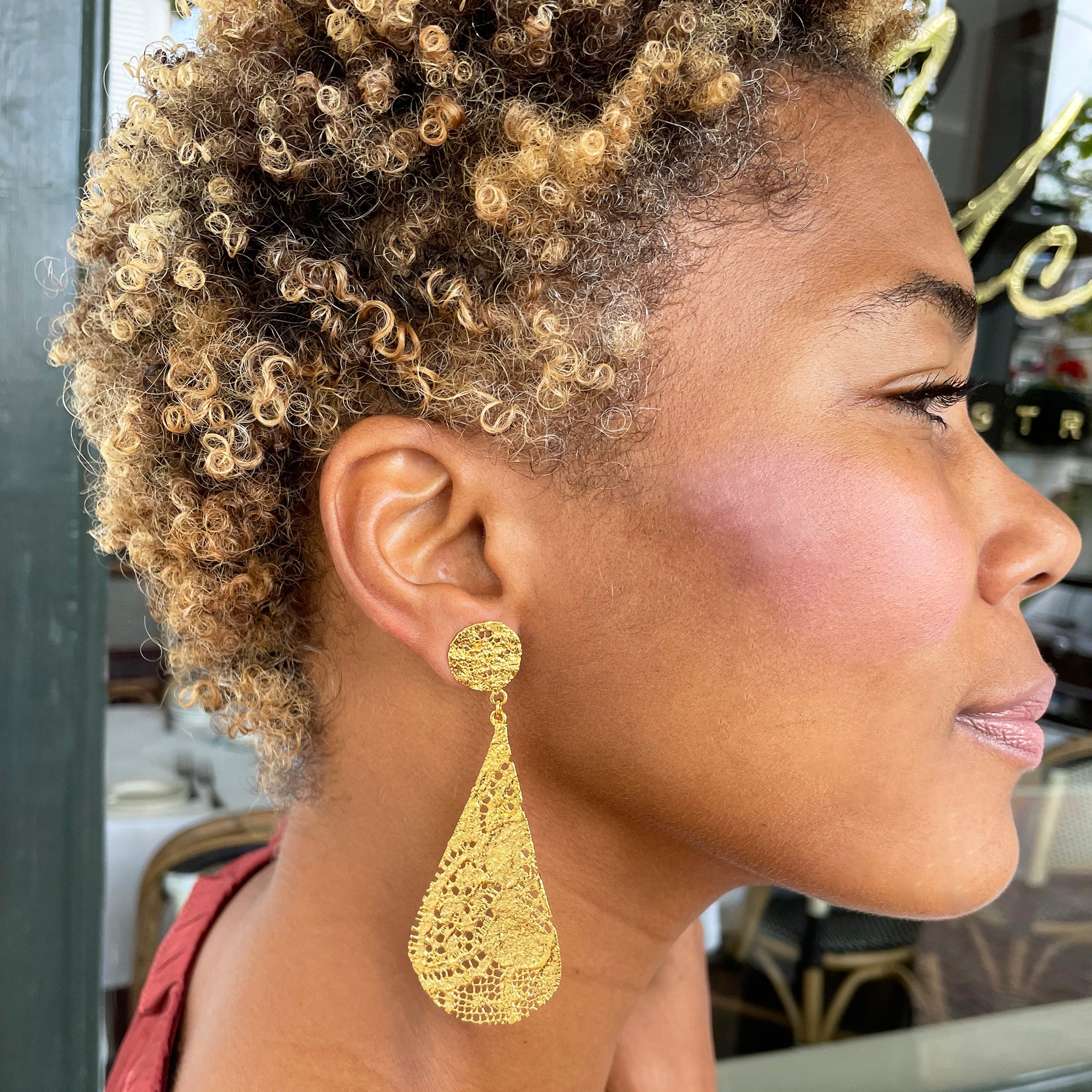 Lace teardrop earrings dipped in 24k gold,  feather light.