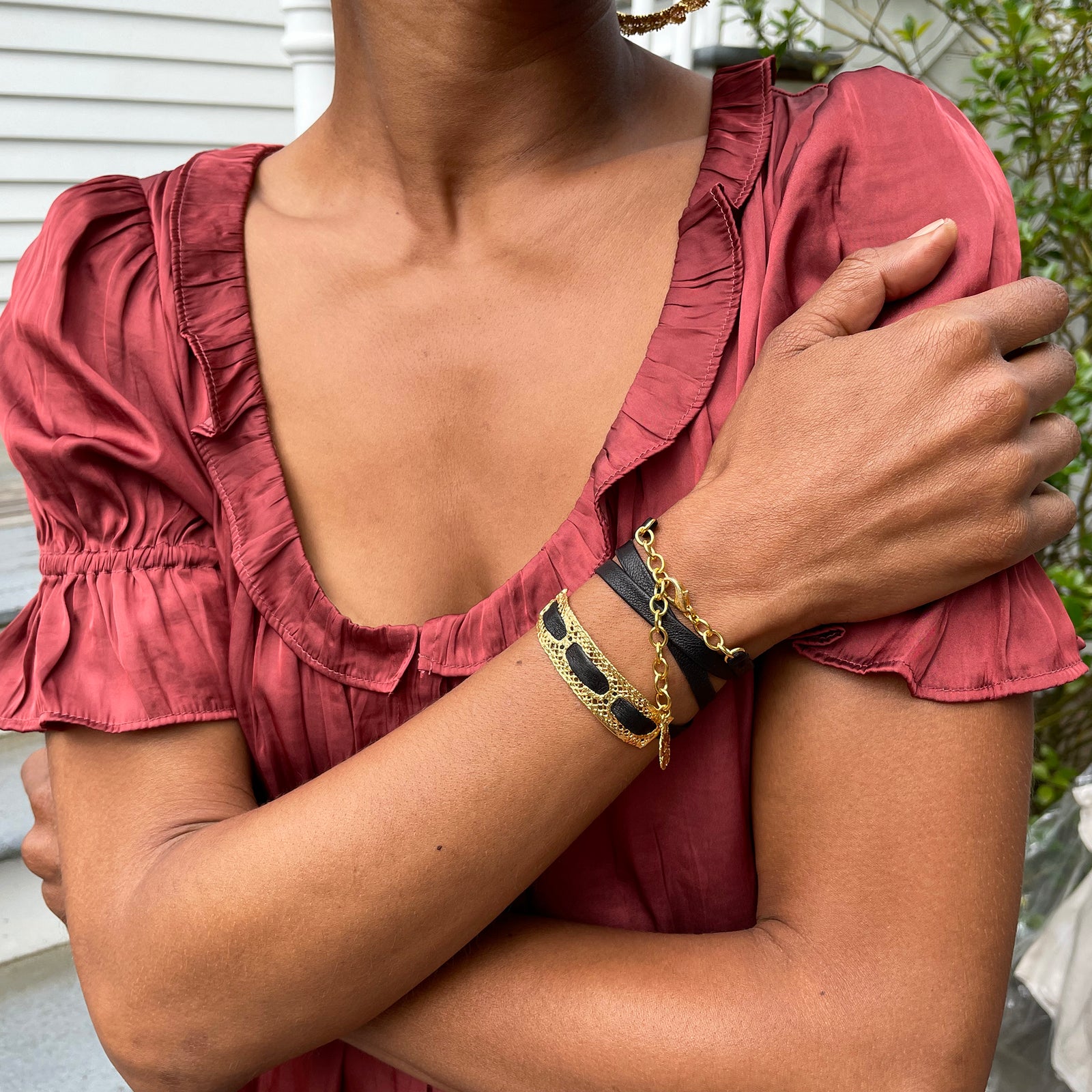 Leather bracelet with vintage lace dipped in 24k gold.